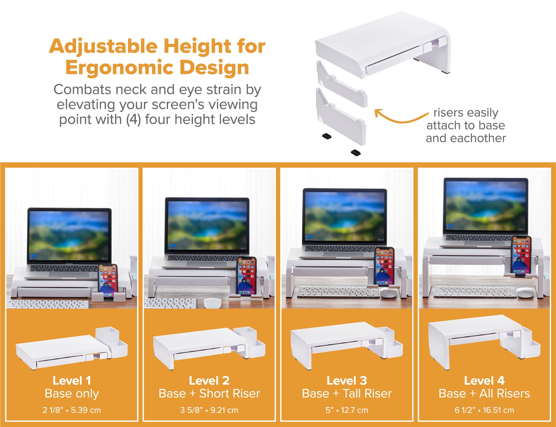 Bostitch Konnect Adjustable Monitor Riser With Drawer, Cell Phone Stand & Pencil Holder, Laptop Stand For Desk, 4 Height Levels,