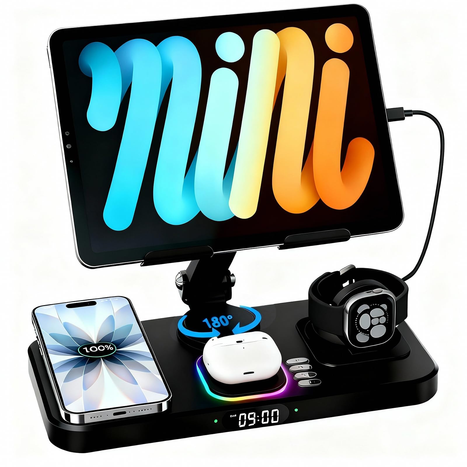 30W Charging Station for Apple Products, Foldable Wireless Charger with Clock Display&7 Color Light, Wired Charging for iPad/Tab