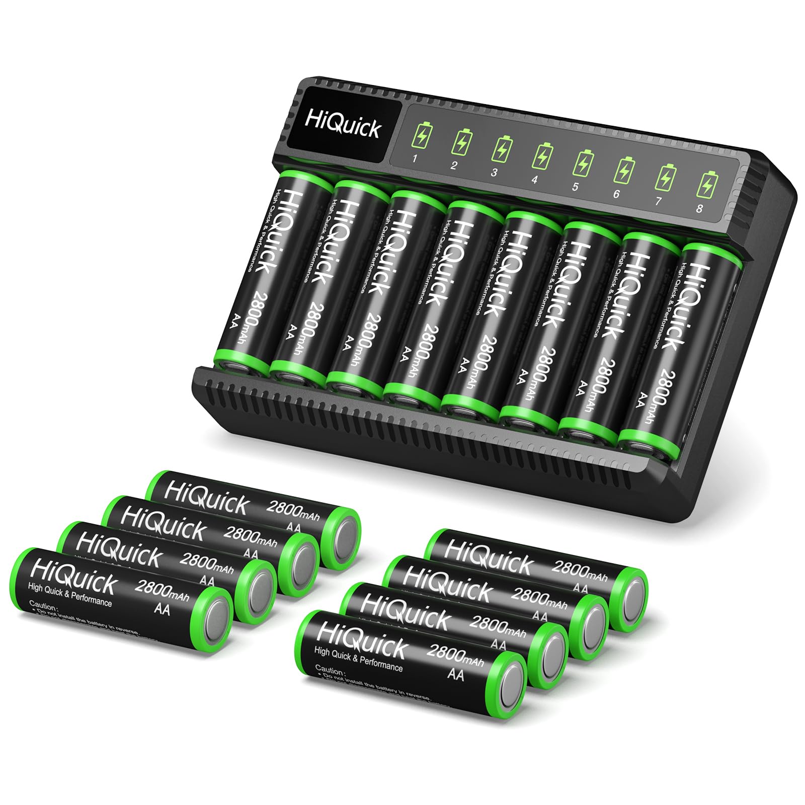 Hiquick Rechargeable Aa Batteries With Charger, 8 Bay Smart Battery Charger For Aa/Aaa Ni Mh/Nicd Rechargeable Batteries With 1.