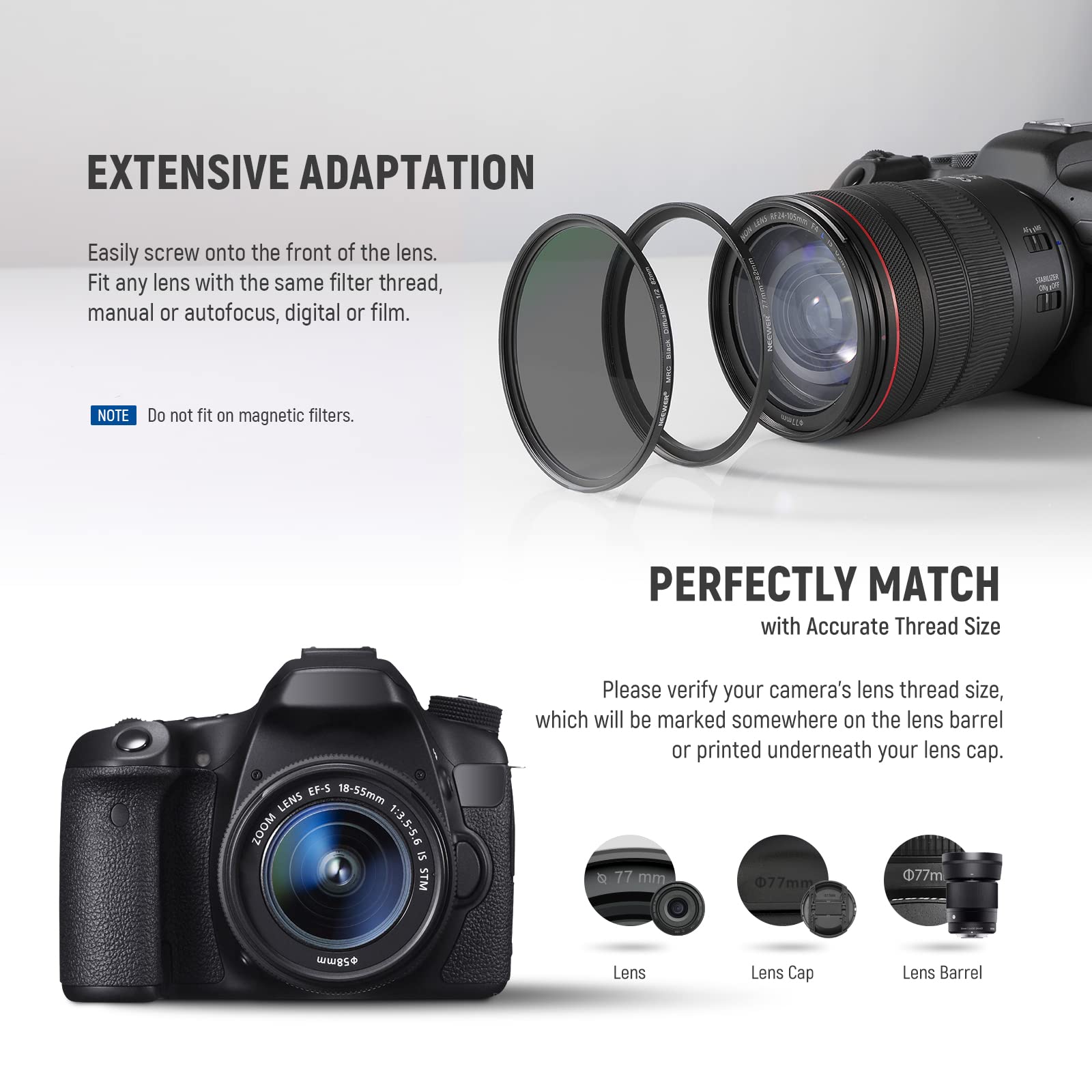 Neewer 20 Pieces Anodized Black Metal Lens Filter Adapter Ring Kit Including 10 Pieces Step Up Adapter Ring Set+10 Pieces Step D