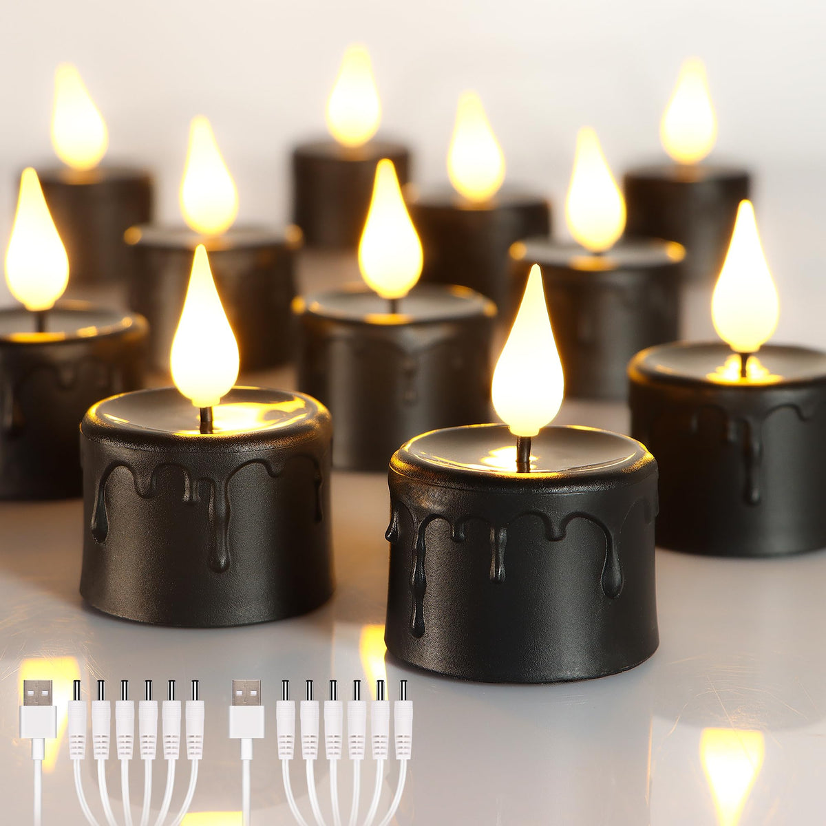 Yunsheng 12Pcs Black Rechargeable Led Tea Lights Candles With 6H Timer, Halloween Melting Flameless Flickering Candles, Warm Whi