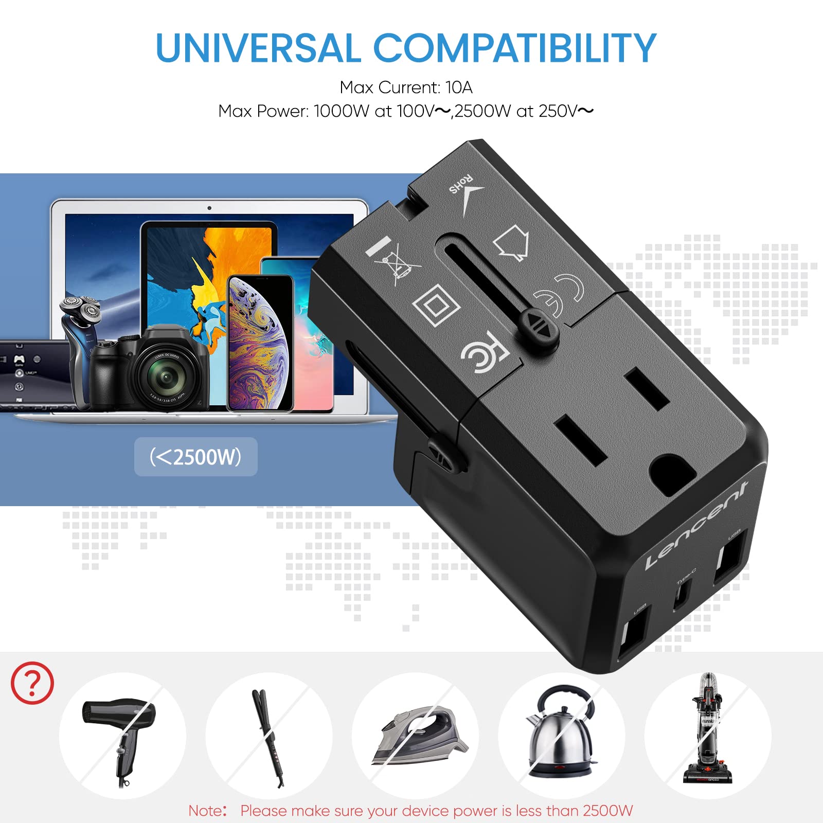 Lencent International Travel Power Adapter,Mini All In One Charger, 2.4A Usb, 3.0A Type C Wall Charger, European Plug Adaptor, U