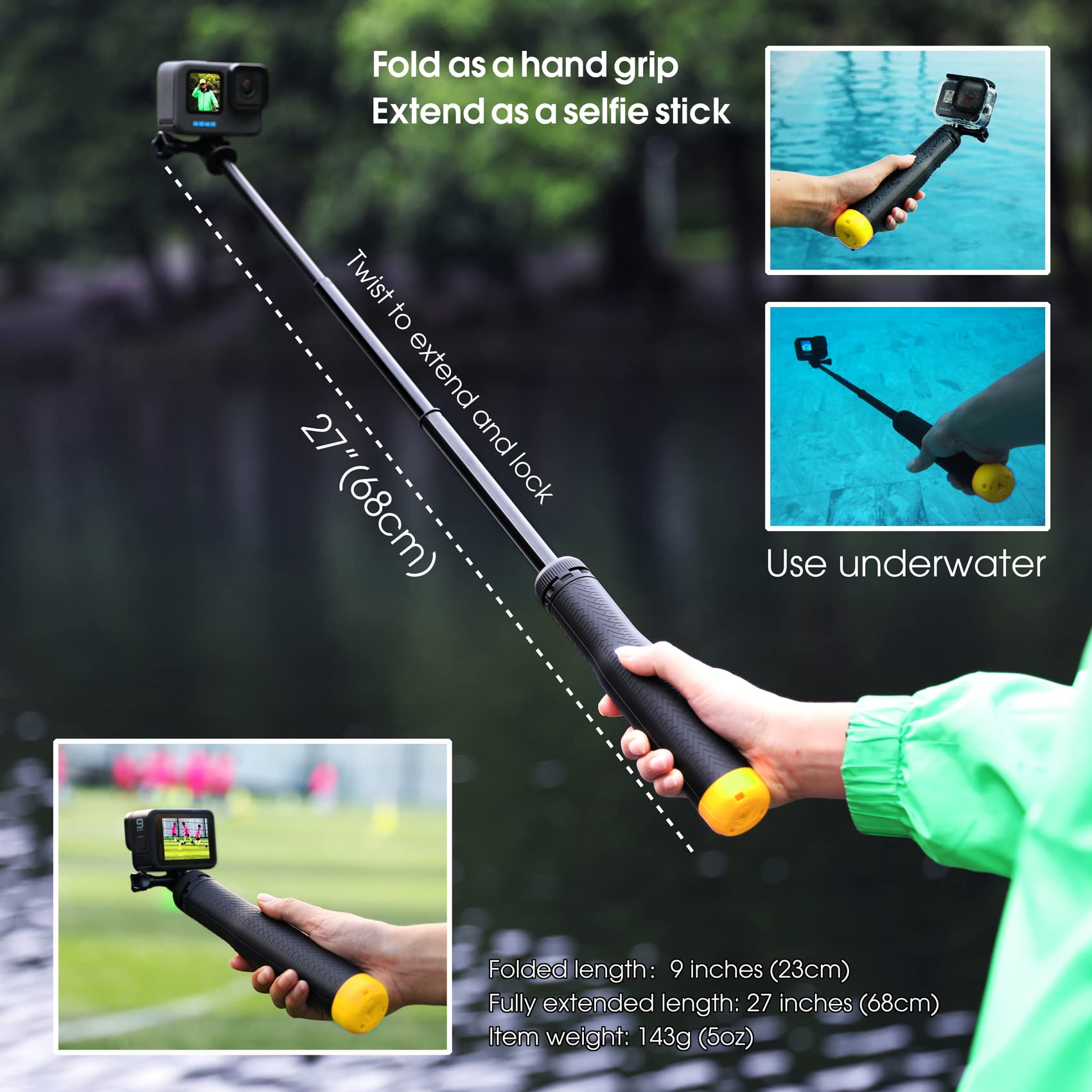 Soonsun 4In1 Floating Selfie Stick For Gopro Hero 13, 12, 11, 10, 9, 8, 7, 6, 5, 4, 3 Session, Fusion, Dji Osmo, Insta360 - Use