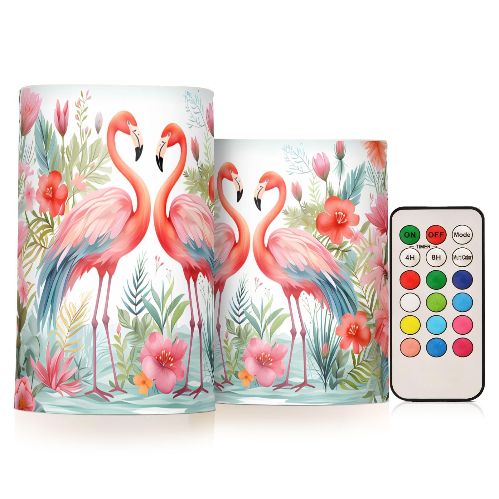 BOENLE Flickering Flameless Candles, Pink Flamingo Print LED Candles with Remote Timer, Set of 2 Battery Operated Candle for Val
