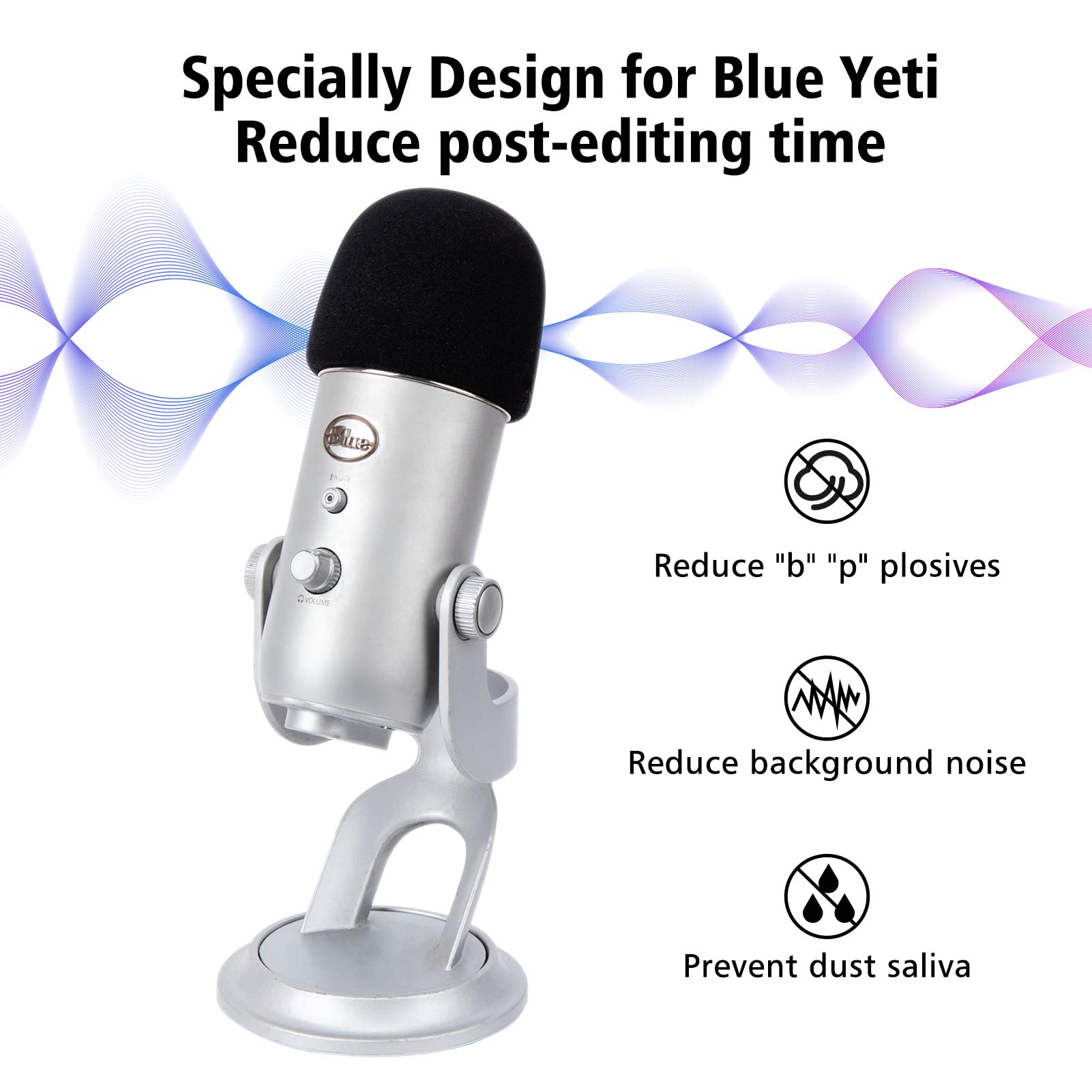 Microphone Foam Mic Windscreen Cover For Blue Yeti, Yeti Pro Microphones, Blue Yeti Pop Filter Wind Shield By Sunmon (Black)