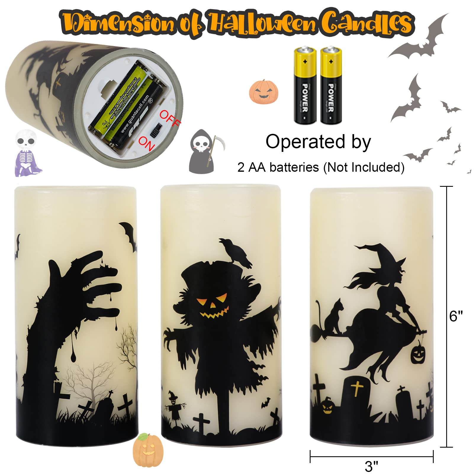 Wondise Halloween Flickering Flameless Candles With Remote, Battery Operated Led Real Wax Pillar Candles Set Of 3, Halloween Gif