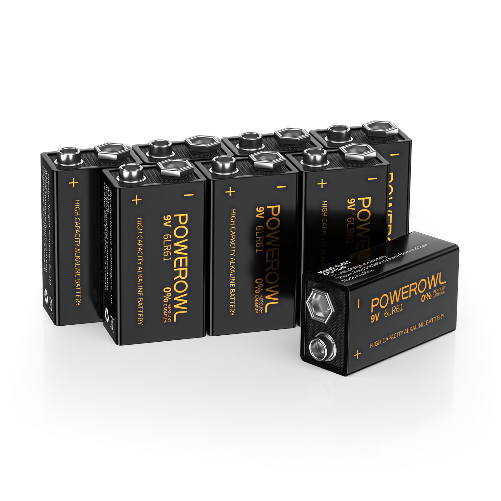 Powerowl High Capacity 9V Batteries 8 Pack, Alkaline 9 Volt Battery 6Lr61 For Smoke Detector Fire Alarm And More Devices