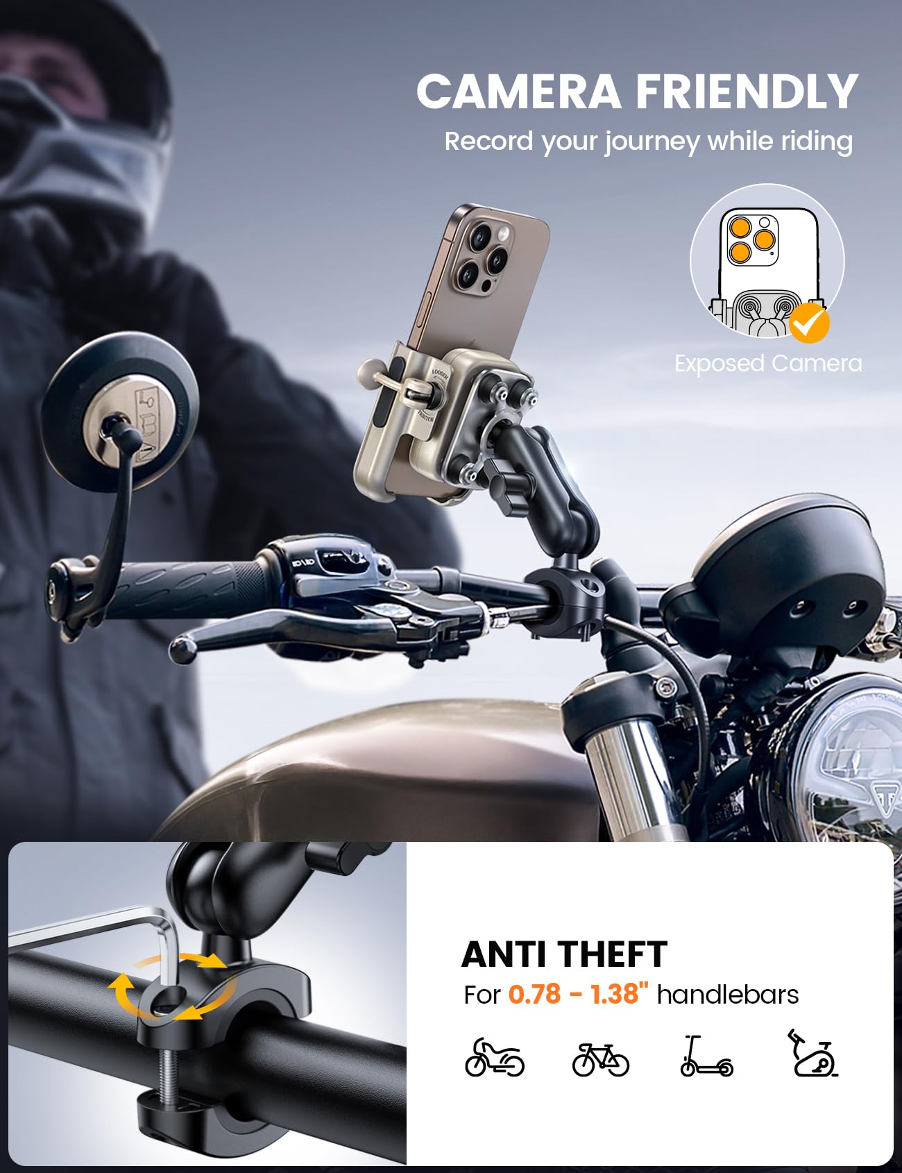 Lamicall Motorcycle Phone Mount Holder - [All Metal] [Anti Shake] [1S Lock] Bike Phone Holder Handlebar Clamp, Bicycle Cell Phon