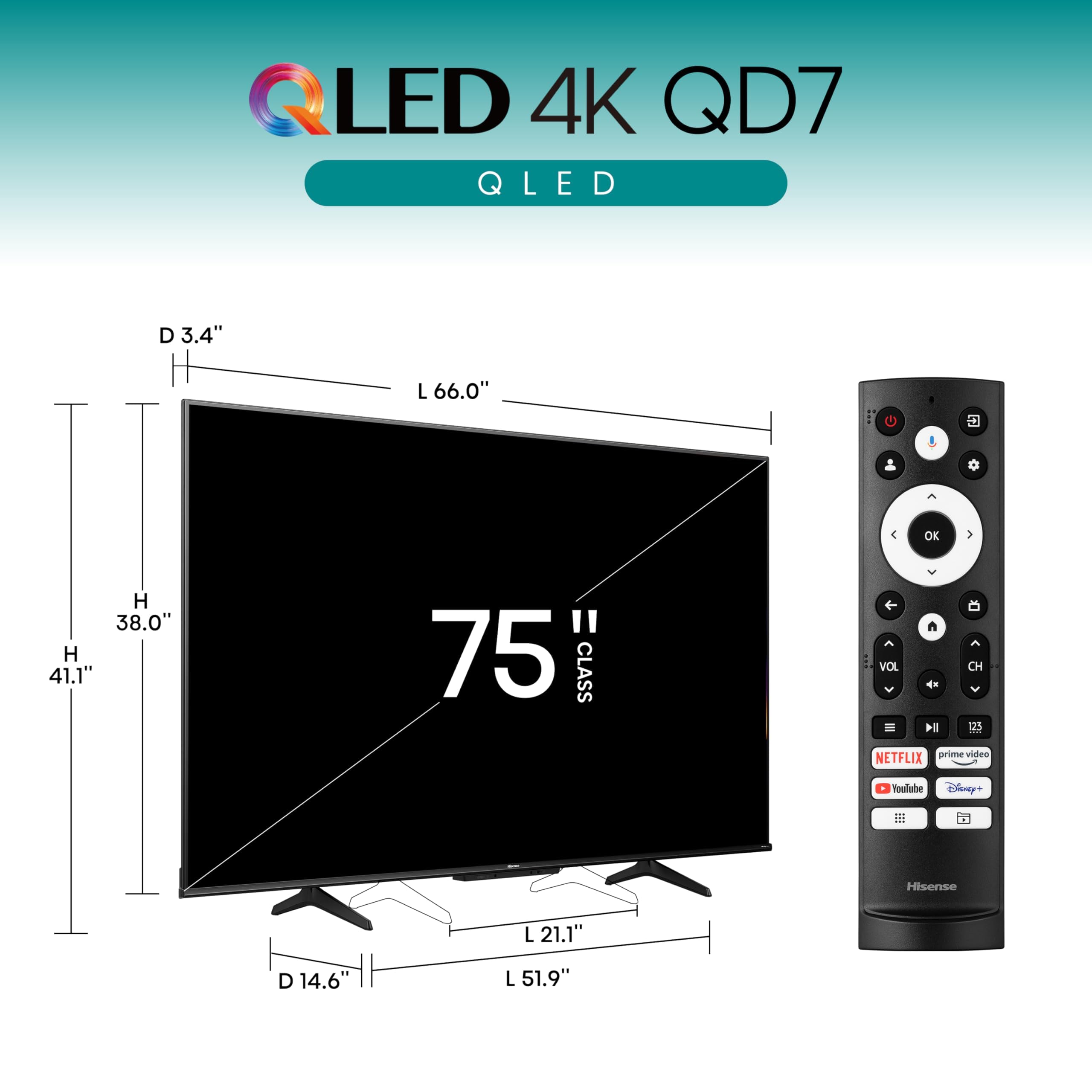 Hisense 75 Inch Class Qd7 Series Qled 4K Uhd Google Smart Tv (75Qd7N, 2024 Model)   Qled, Native 144Hz, Motion Rate 240, Direct
