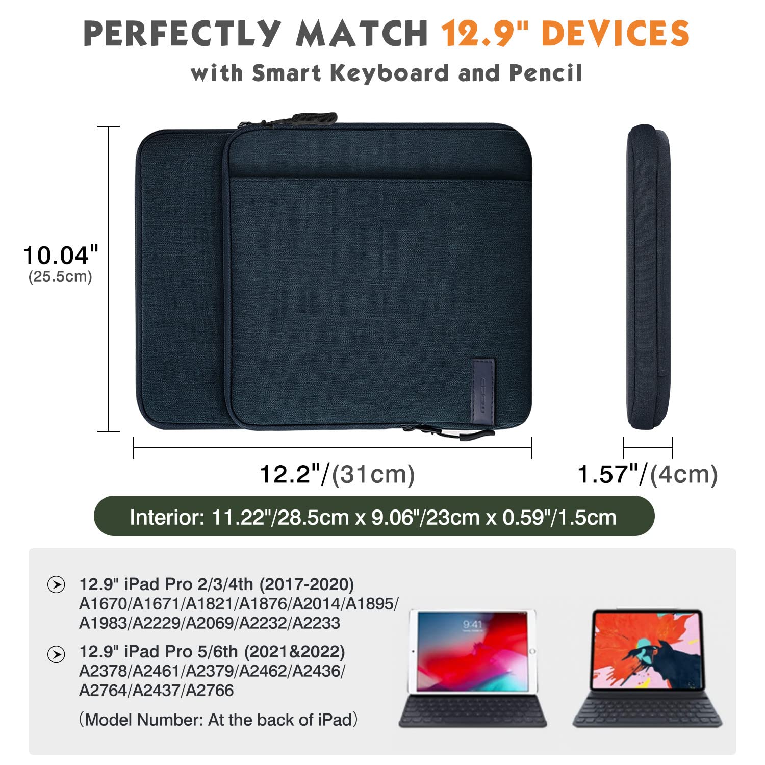 MoKo 12.9 Inch Tablet Sleeve Bag Carrying Case with Pockets Fits 13 Inch New iPad Pro M4 & Air M2 2024, iPad Pro 12.9 M2&M1, Surface Laptop Go 12.4', Galaxy Tab S8+/S9+ 12.4', Indigo