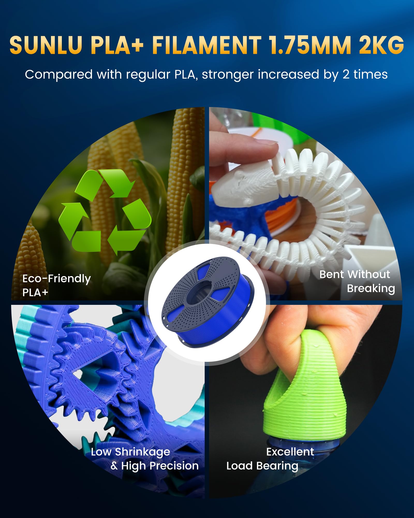 Sunlu Pla+2.0 3D Printer Filament 2Kg, Upgrade Pla+ Filament 1.75Mm, Tougher And Stronger, Dimensional Accuracy +/-0.02Mm, 1Kg P