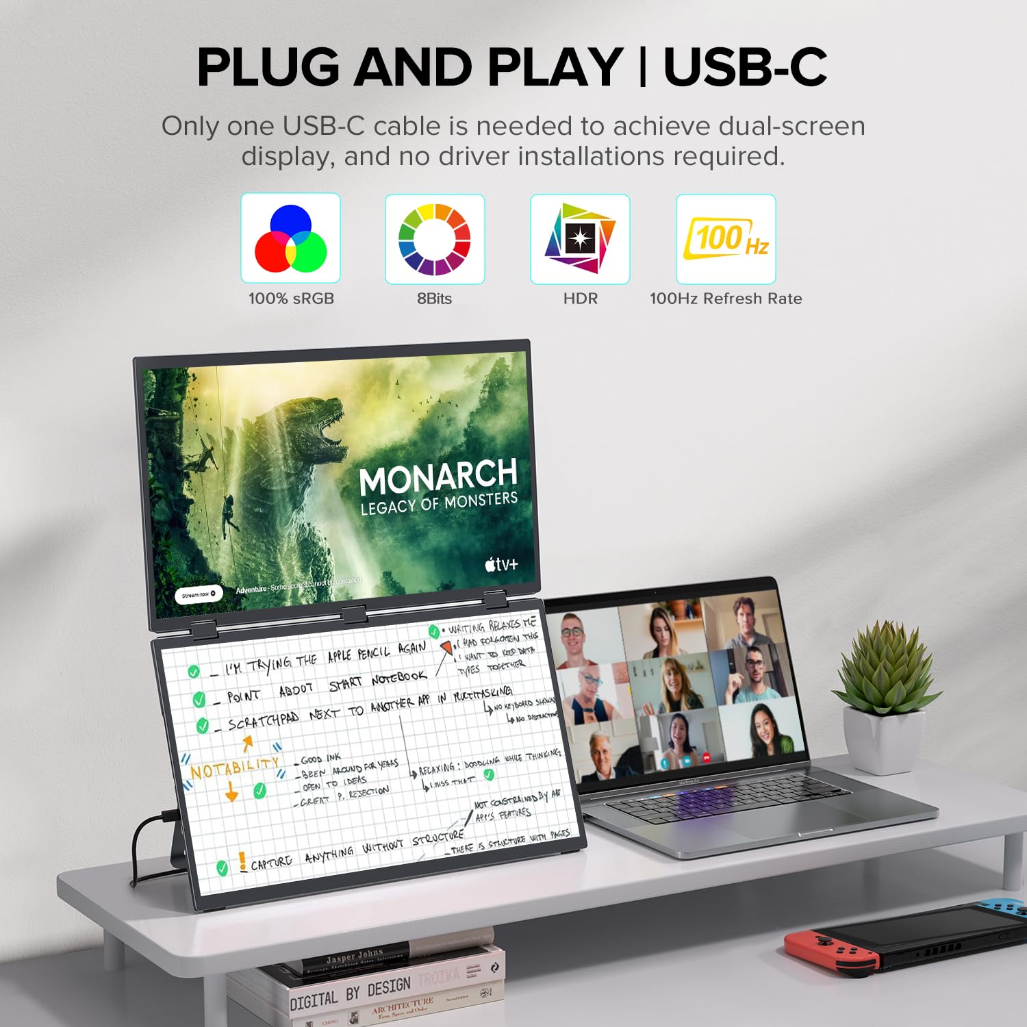 Uperfect Delta 18.5'' 100Hz Dual Monitor Portable Monitor For Laptop Screen Extender 1080P Hdr 360 Folding Stacked Triple Monito