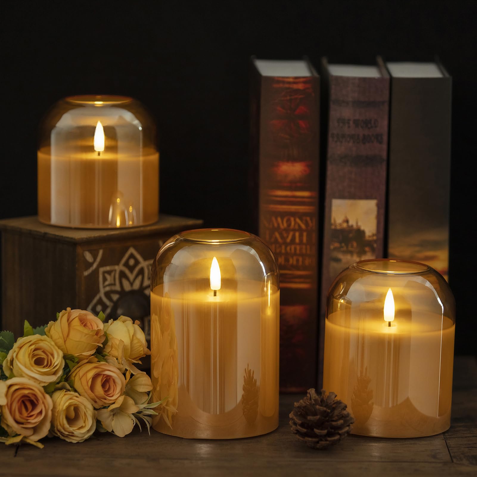 Volnyus Gold Glass Flameless Candles With Remote Battery Operated Flickering Led Pillar Candles Real Wax 3D Wick F 4'' H 4'' 5''
