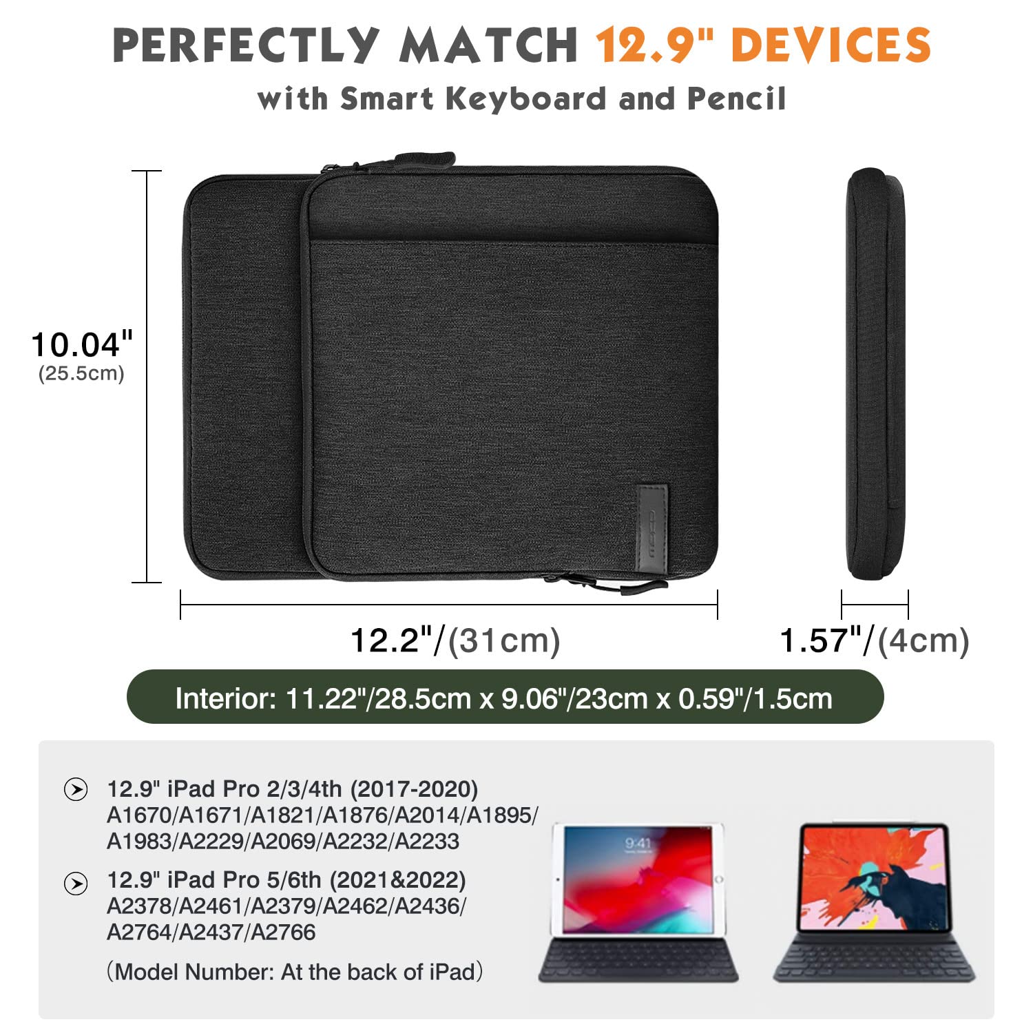 MoKo 12.9 Inch Tablet Sleeve Bag Carrying Case with Pockets Fits 13 Inch New iPad Pro M4 & Air M2 2024, iPad Pro 12.9 M2&M1, Surface Laptop Go 12.4', Galaxy Tab S8+/S9+ 12.4', Black & Gray