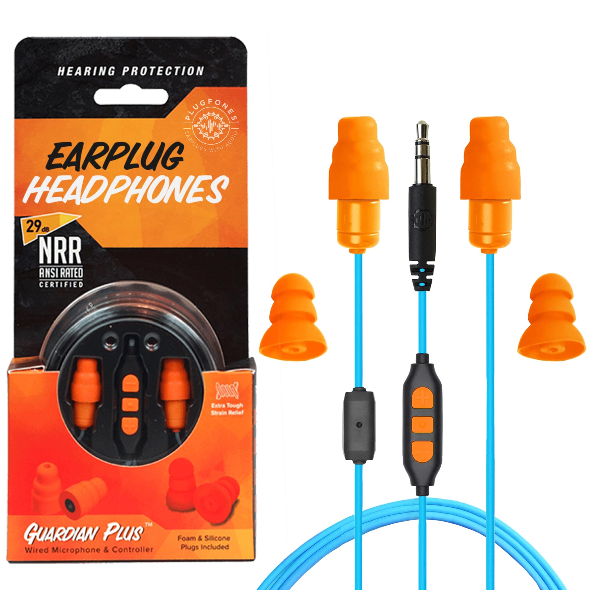 Plugfones Guardian Plus Earplug Headphones in-Ear Earplug Earbud Hybrid with Noise Isolating Mic and Controls - 27-29dB Noise Re