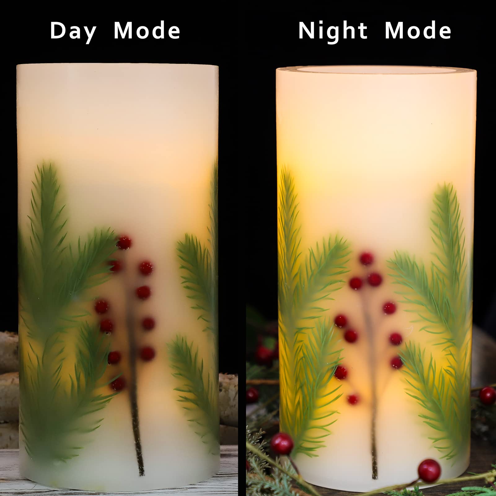 Flavcharm Led Candle 4 Inch By 8 Inch Embedded Pine Needle With Red Berry Handmade Craft Decorative Pillar Flickering Candle Bat