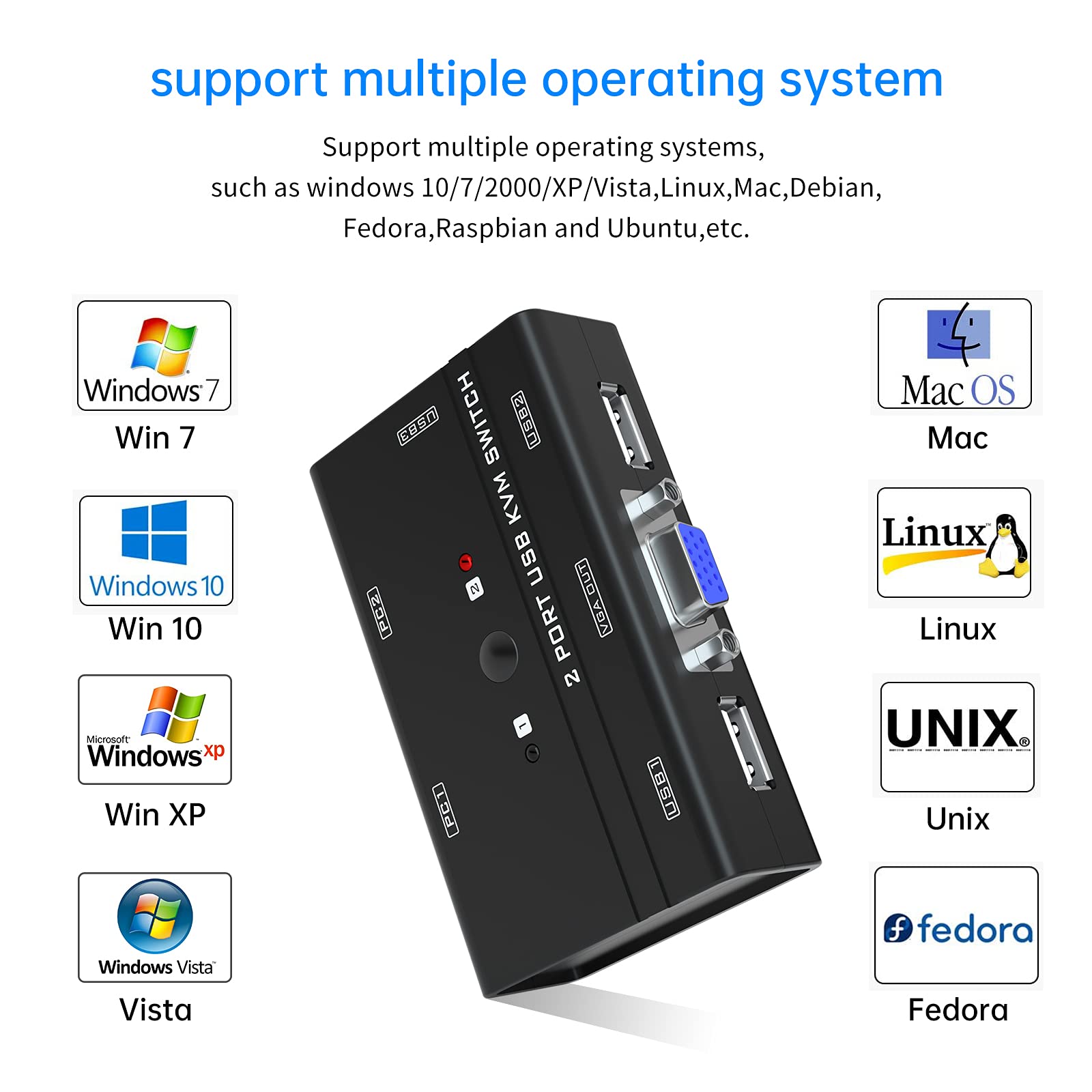 Yinker Vga Kvm Switch, 2 Port Usb Vga Kvm Switch W/2 Kvm Cables & 3 Usb Hubs For 2 Computers Share One Monitor Keyboard Mouse