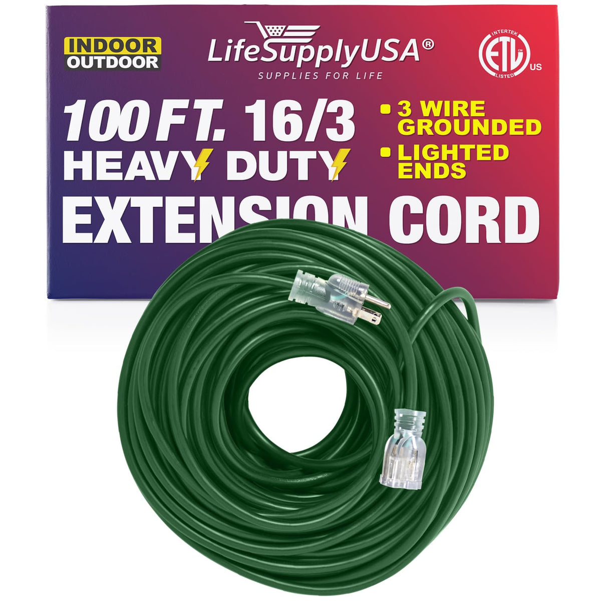 100 Ft Power Extension Cord Outdoor & Indoor Heavy Duty 16 Gauge/3 Prong Sjtw (Green) Lighted End Extra Durability 10 Amp 125 Vo