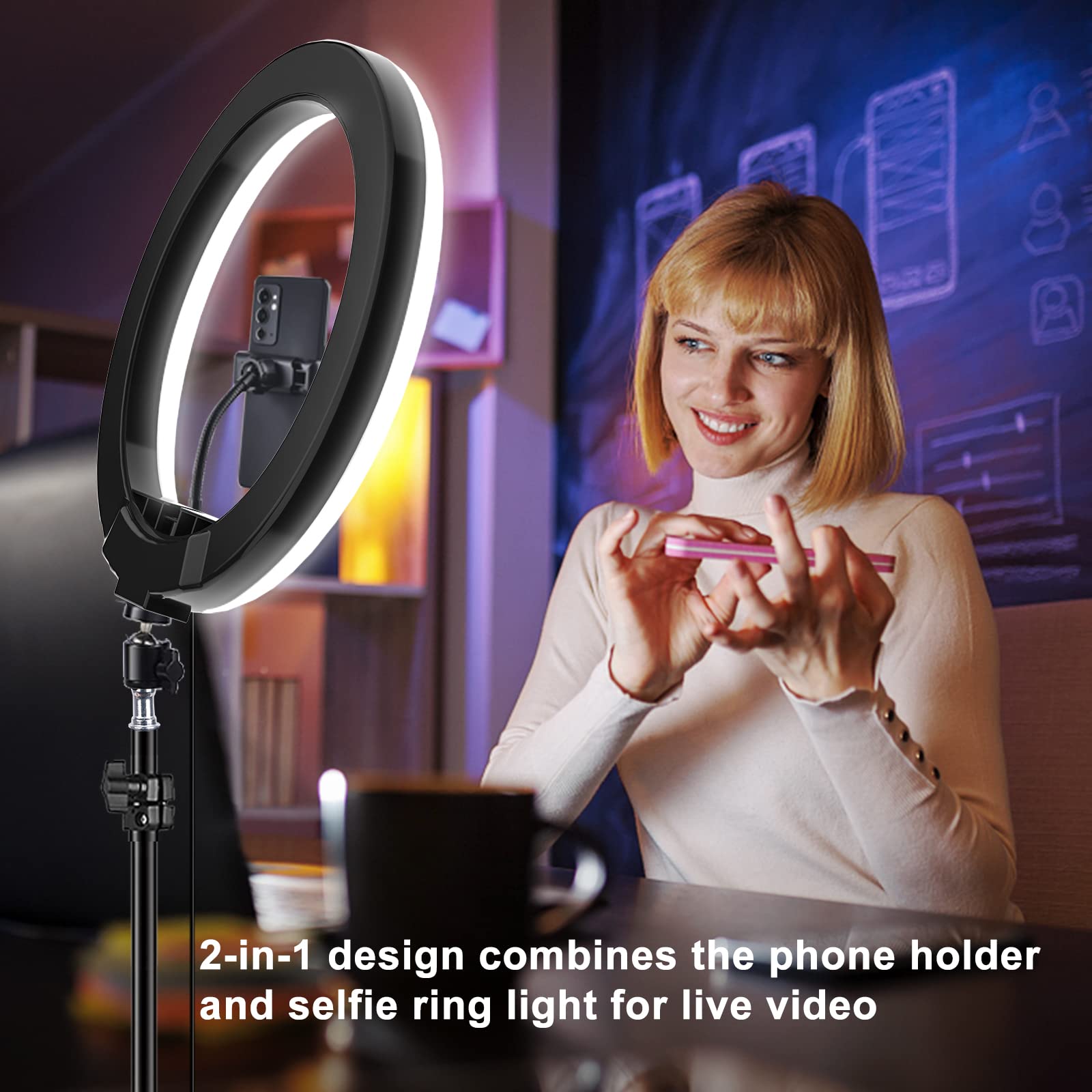 Stally 10.2'' Ring Light With Stand, 75'' Tall Ring Light With Phone Holder And Wireless Remote, 12 Dimming Levels, 32 Color Mod