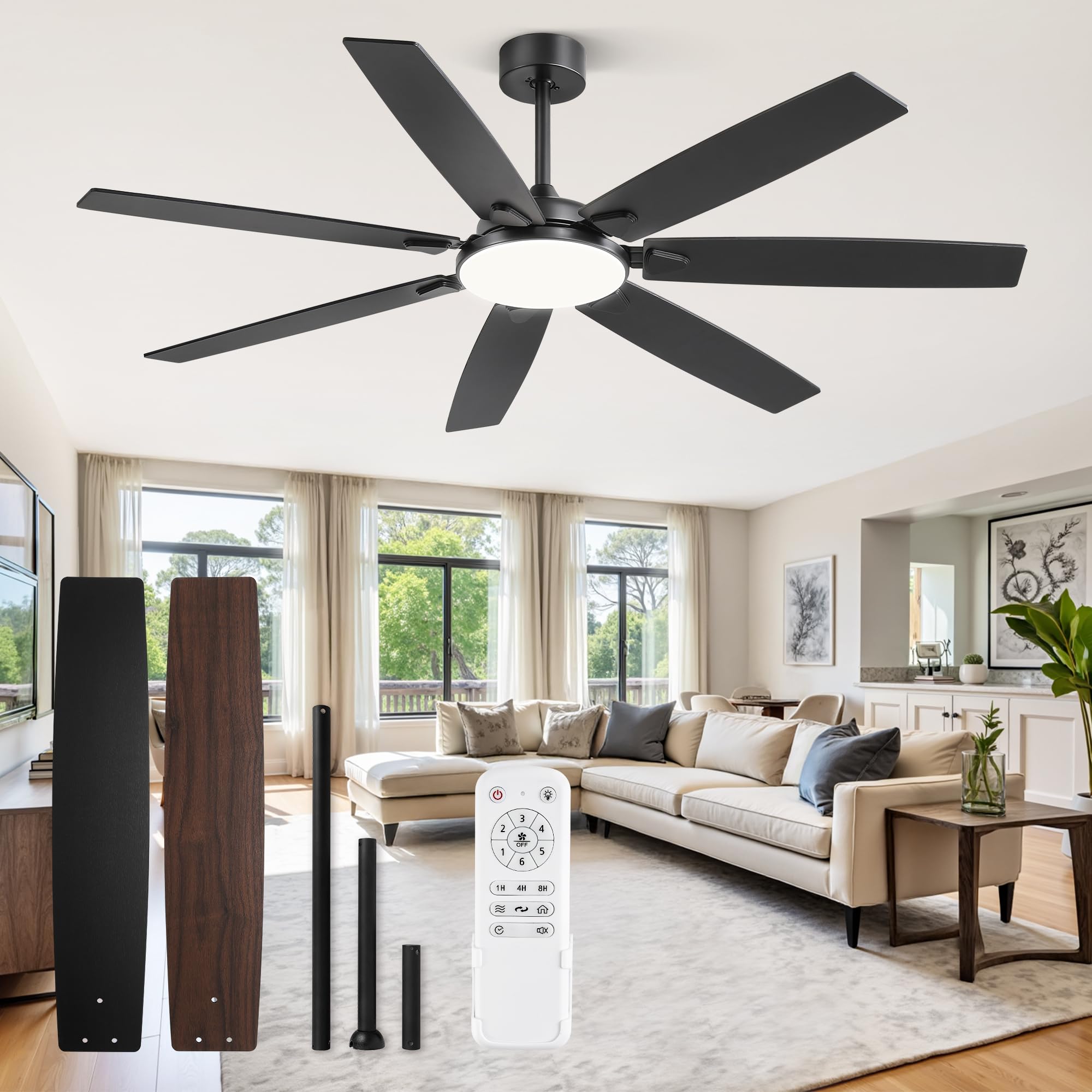 Fanbulous 62 Inch Large Ceiling Fans with Lights and Remote, Black Modern Ceiling Fan with 3CCT LED Light, Quiet DC Motor,Indoor