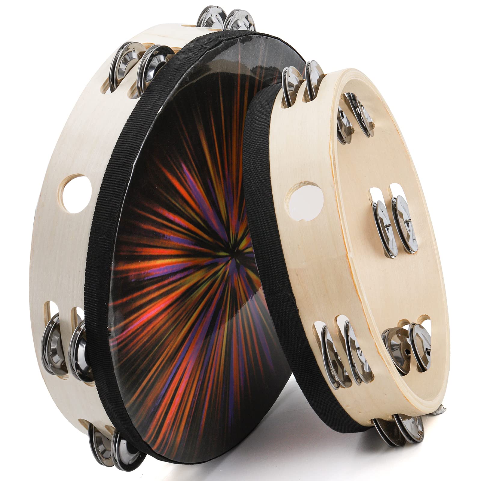 Zeayea 2 Pack Radiant Tambourine, 8 Inch 10 Inch Double Row Jingle Tambourine For Kids Adults Church, Hand Held Drums Percussion