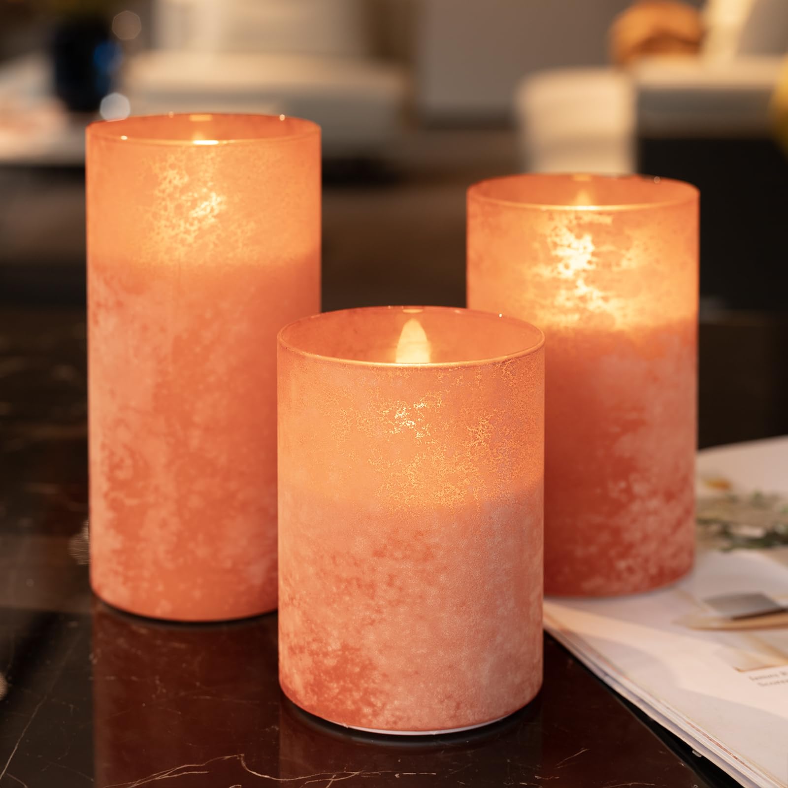 Hjandhj Orange Flameless Candles, Sandblast Glass Battery Operated Candles With 10-Key Remote And Timer,Set Of 3 Realistic Wax C