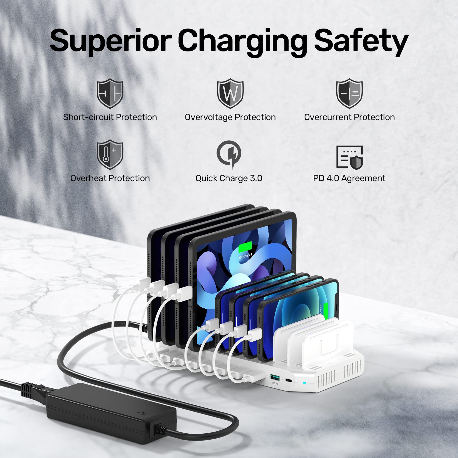 Usb C Pd 60W Charging Station With Qc 3.0, Unitek 160W 10 Port Usb Quick Charger Dock, Power Delivery Compatible With Laptop Mac