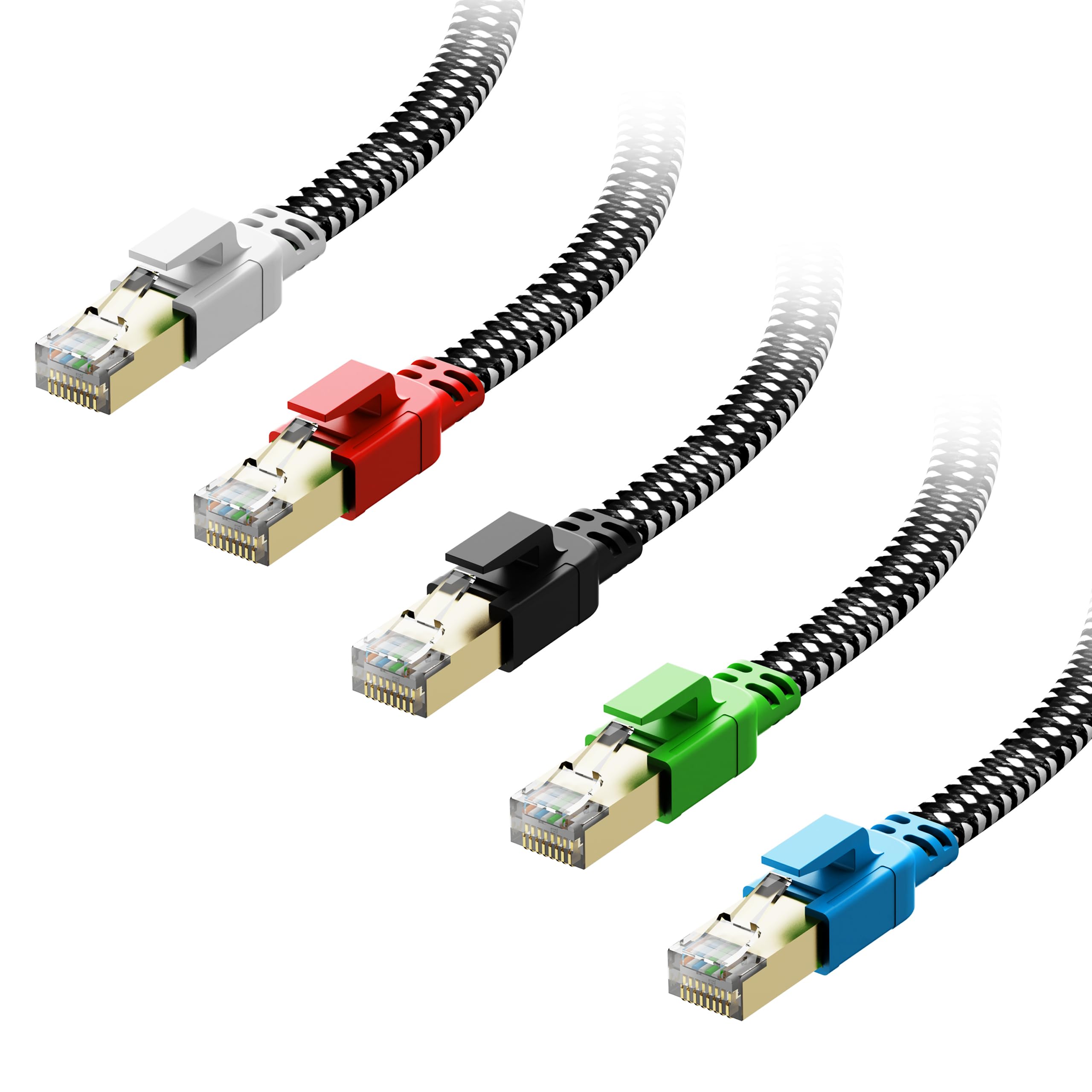 Cat 8 Ethernet Cable 15 Ft 5 Pack Multi Color, Nylon Braided High Speed Heavy Duty Network Lan Patch Cord, 40Gbps 2000Mhz Rj45 F