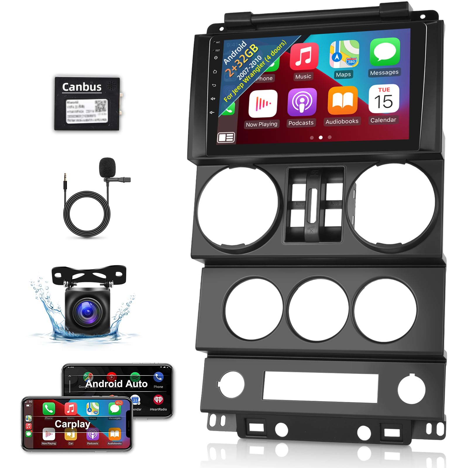 For Jeep Wrangler (4 Doors) 2007 2008 2009 2010 With Wireless Apple Carplay And Android Auto, 2+32G 9 Inch Touchscreen Android C