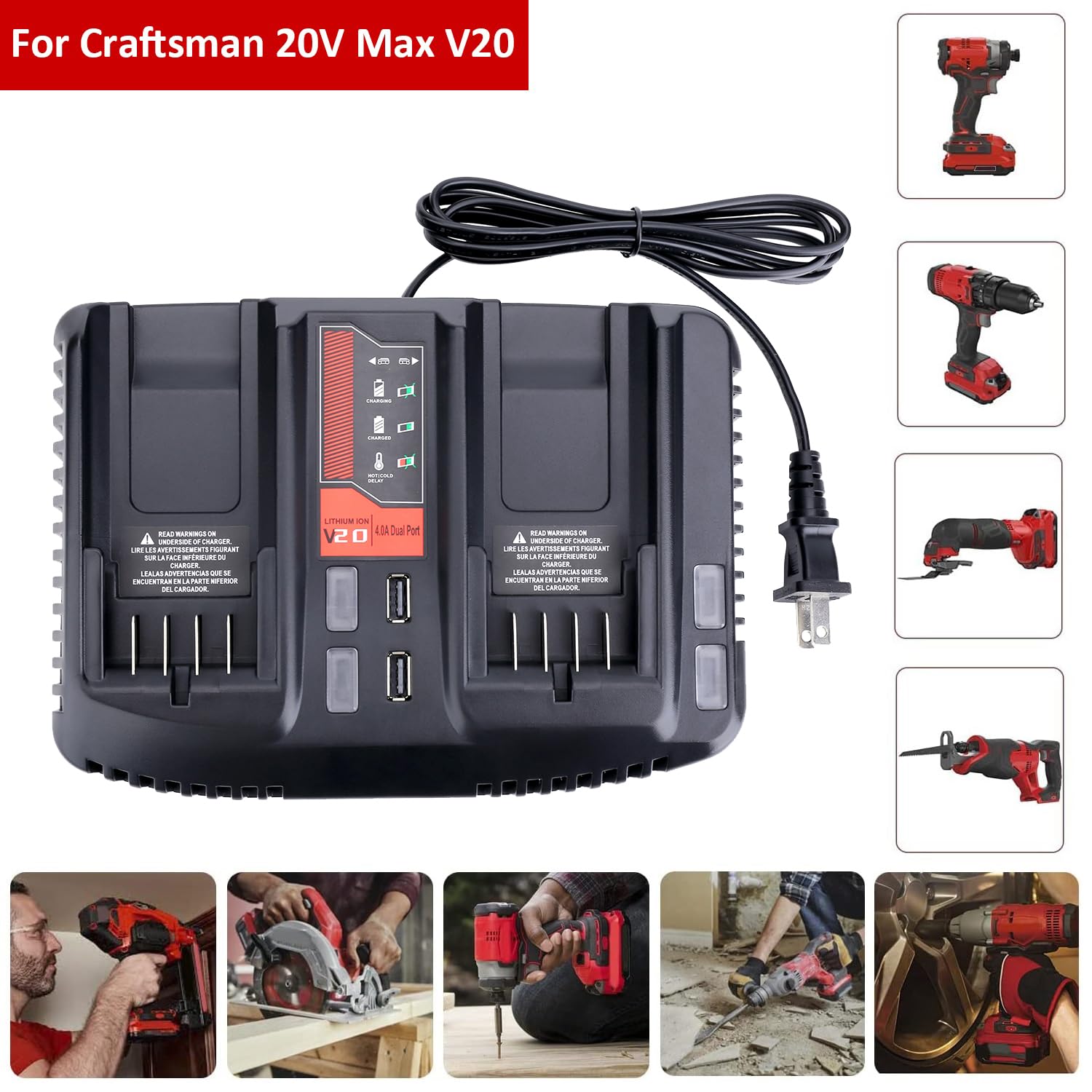 Cmcb124 Dual Port V20 Battery Fast Charger Replacement For Craftsman 20V Max V20 Battery Lithium Cmcb202 Cmcb201 Cmcb209 Cmcb205