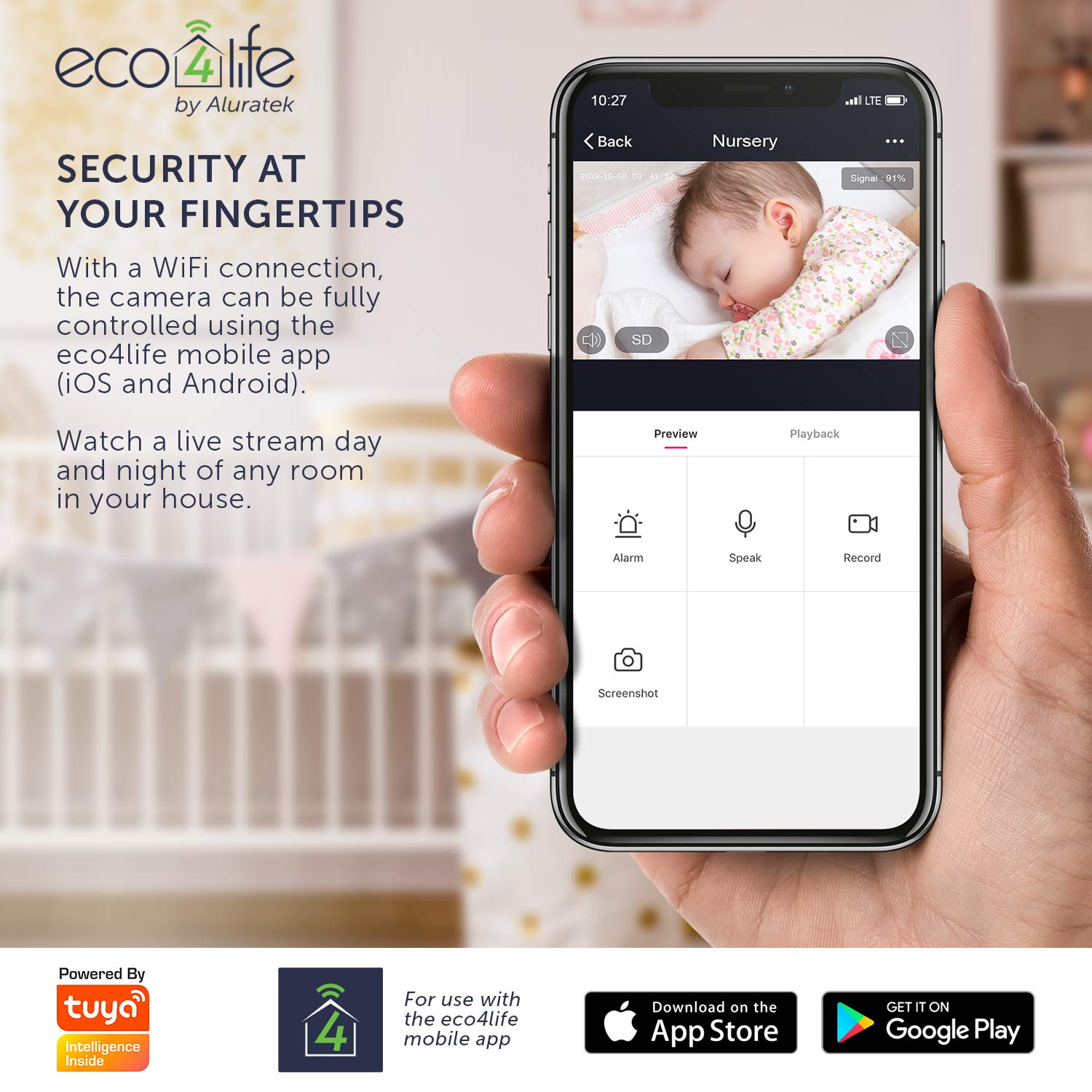 Aluratek Smarthome Wifi Security Camera With Night Vision, Motion Detection Alert Notfications, 2-Way Audio And Video Playback W