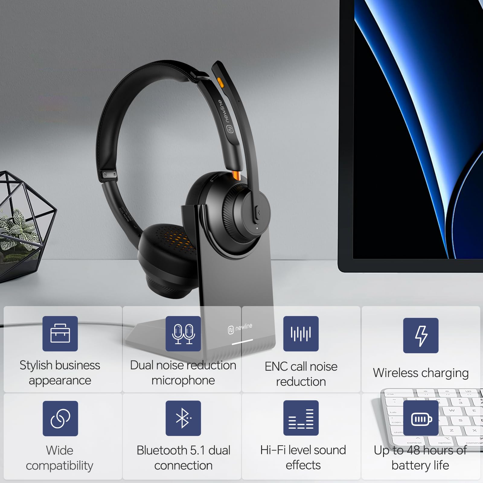 N Newline Wireless Headsets Ai Noise Cancelling Conferencing Headset For Office With Mic, Pc, Mobile Phone, Suitable For Zoom, T