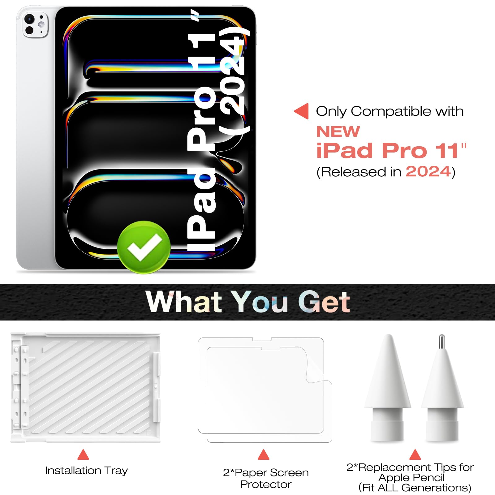 Szjcltd [2 Pack] Paper Screen Protector For Ipad Pro 11 Inch 2024 + [2 Pack] Replacement Tips For Apple Pencil, Anti Glare Matte