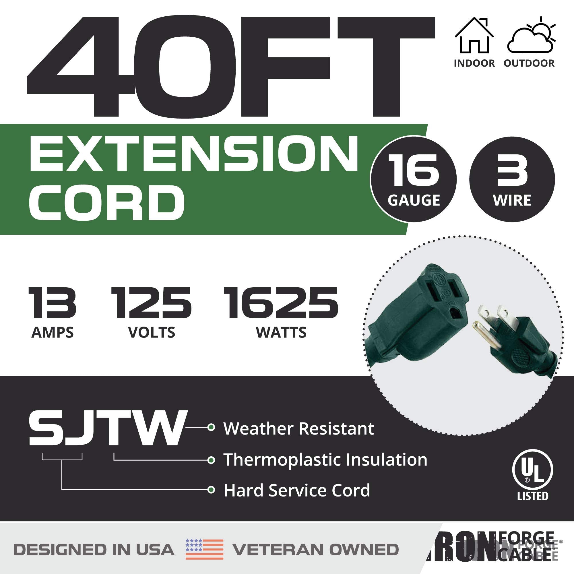 Iron Forge Cable 40 Foot Outdoor Extension Cord   16/3 Sjtw Durable Green Extension Cable With 3 Prong Grounded Plug For Safety