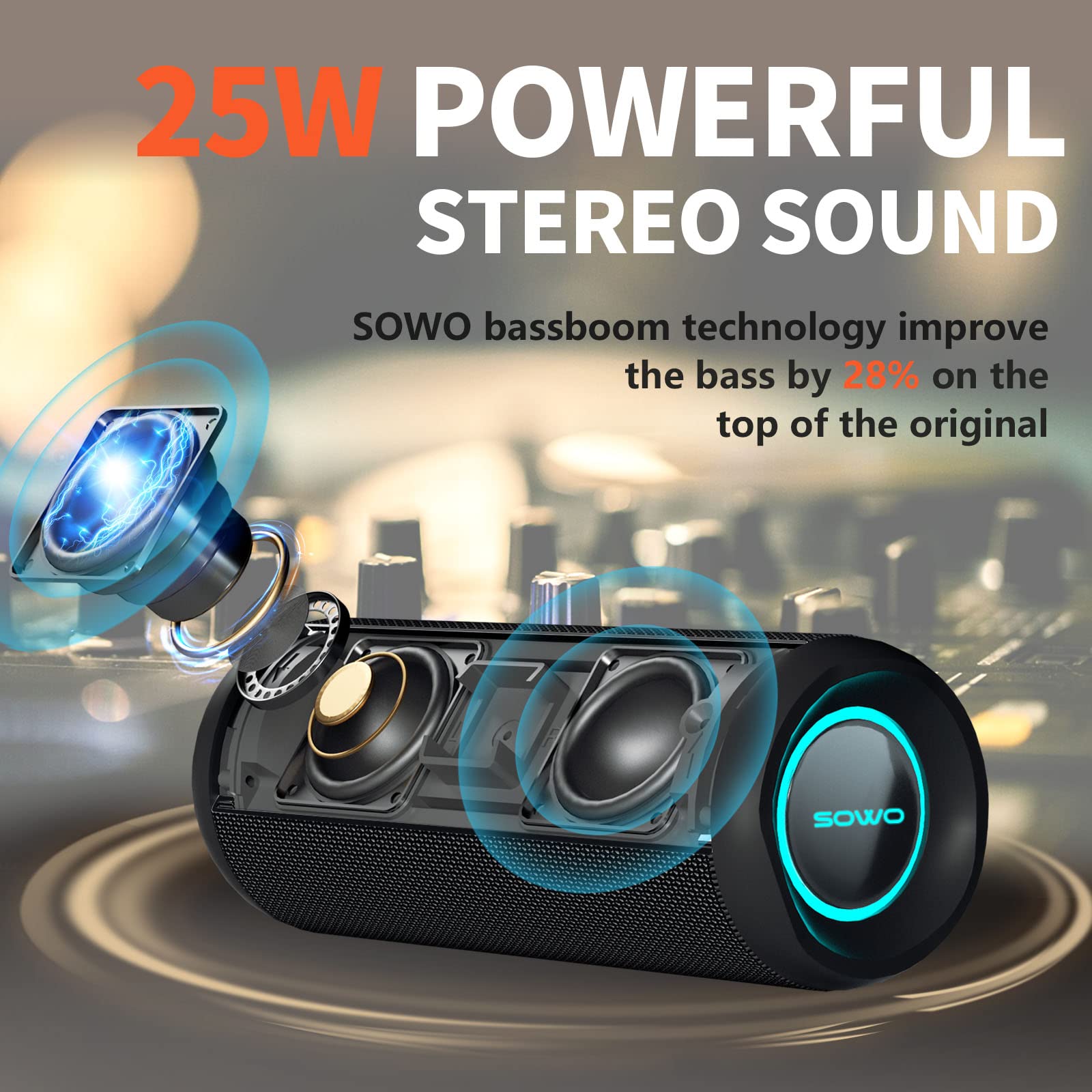 Portable Speaker, Wireless Bluetooth Speaker, Ipx7 Waterproof, 25W Loud Stereo Sound, Bassboom Technology, Tws Pairing, Built In