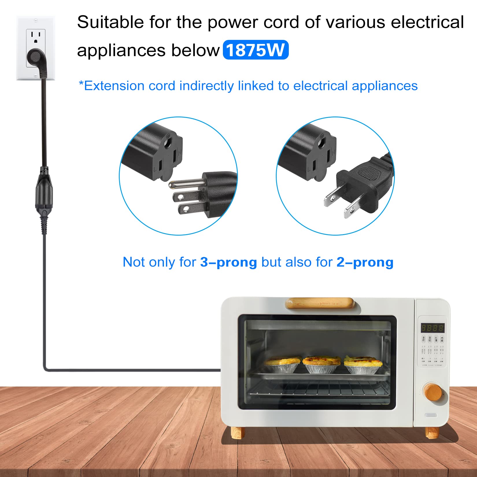 Vseer 3Feet 1875W 15A 14Awg Flat Plug Heavy Duty Extension Cord Outlet Saver 3 Prong Grounded Short Power Extension Cord,Ul List