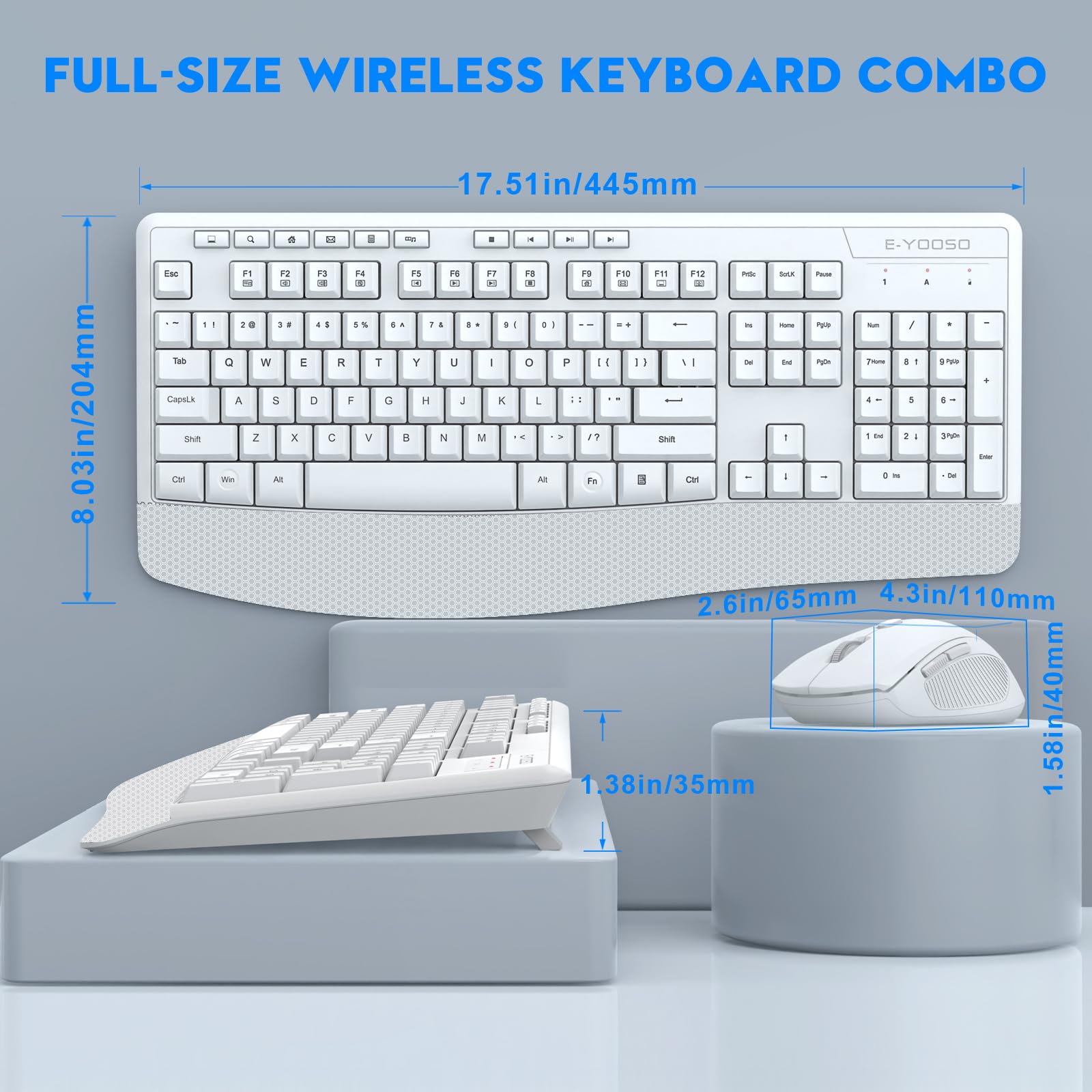 Wireless Keyboard And Mouse Combo, E Yooso 2.4Ghz Full Sized Ergonomic Wireless Keyboard With Wrist Rest, 3 Dpi Adjustable And 6