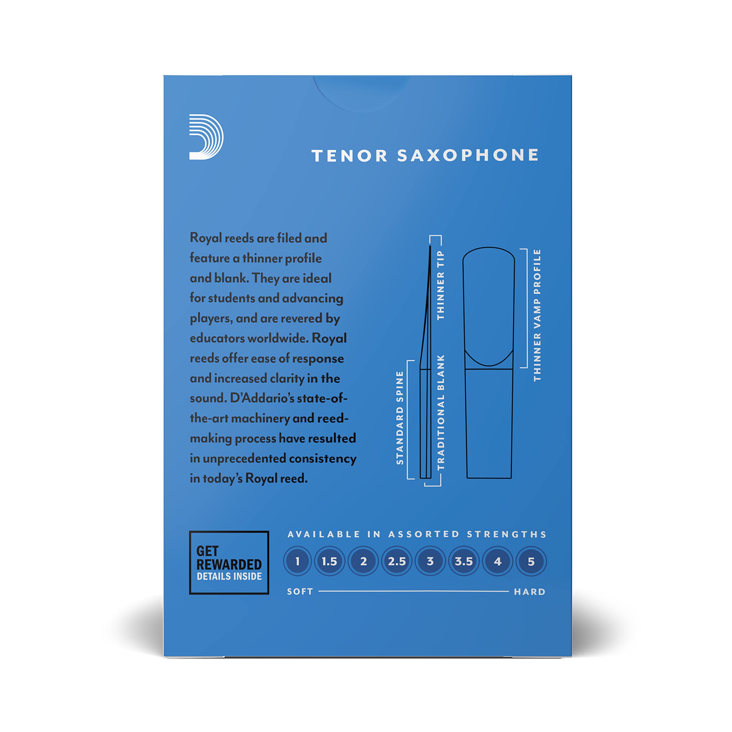 D'Addario Woodwinds   Royal Tenor Saxophone Reeds   Tenor Sax Reeds With Strong Spine   Tenor Saxophone Reeds   Great For Classi