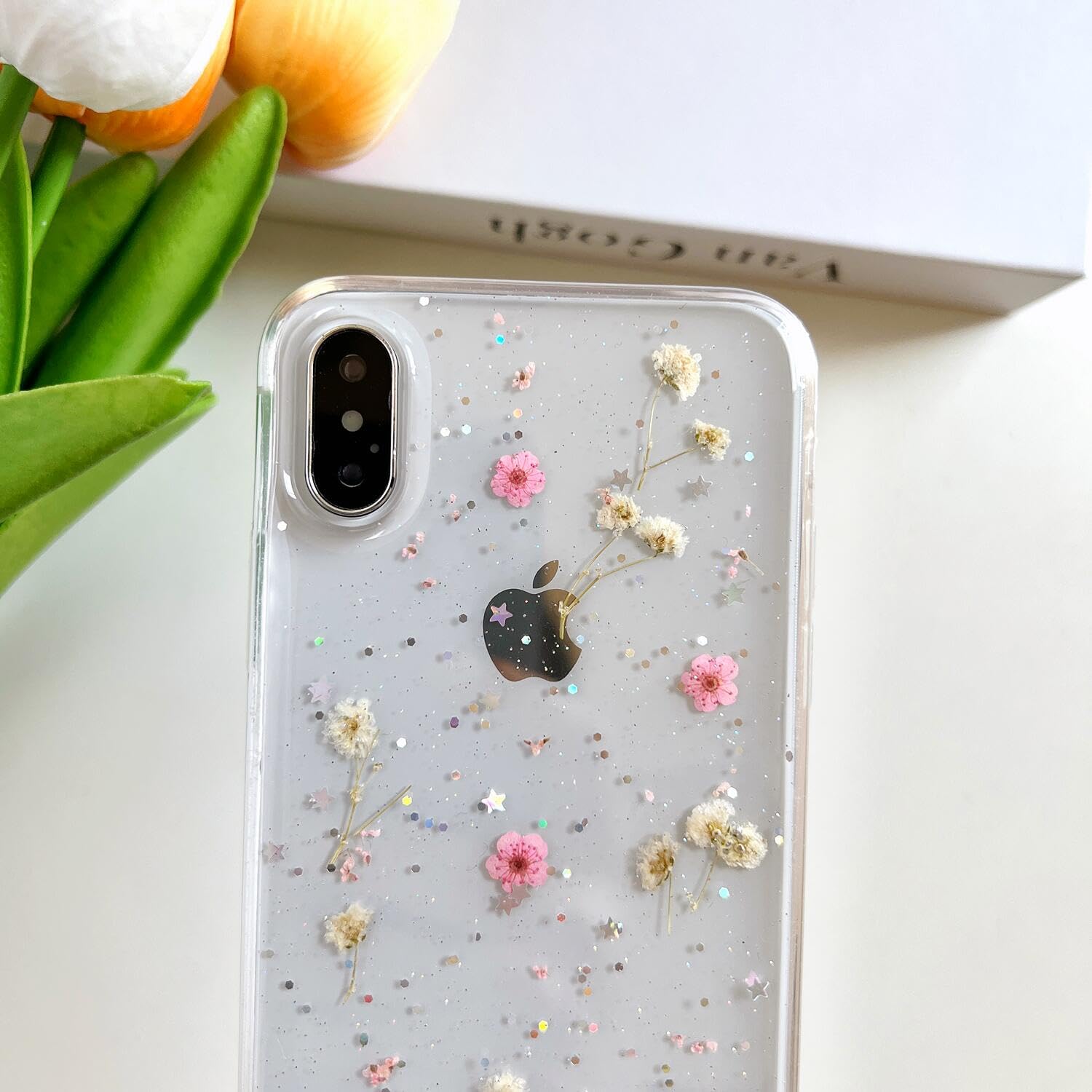 Lseeka For Iphone X/Iphone Xs Clear Case With Pressed Real Flowers Design,Glitter Cute Pink Floral Pattern Slim Soft Tpu Protect