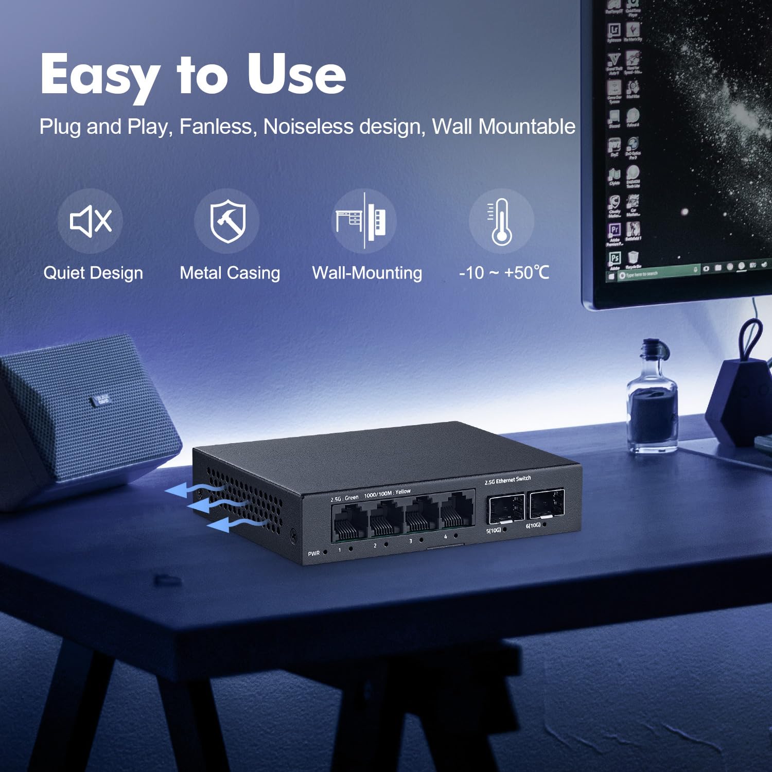 Yulinca 6 Port 2.5G Unmanaged Switch, 4 X 2.5Gbase T Ports With 2 X 10G Sfp+, Metal Mini Case, 60Gbps Switching Capacity, Fanles