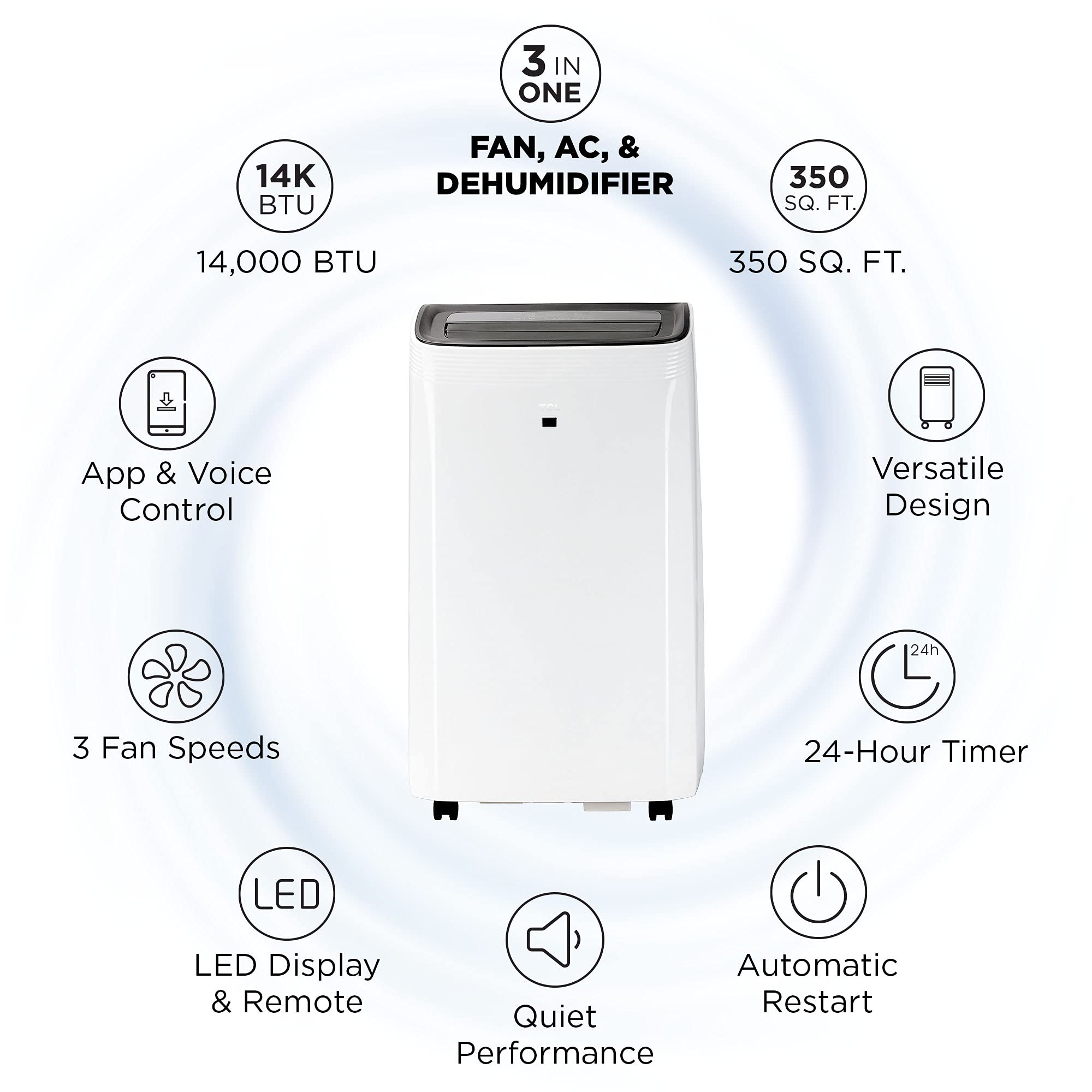 Tcl Home 14,000 Btu Smart Portable Air Conditioner, Fan, & Dehumidifier, App & Voice Control, 3 Fan Speeds, Led Display & Remote