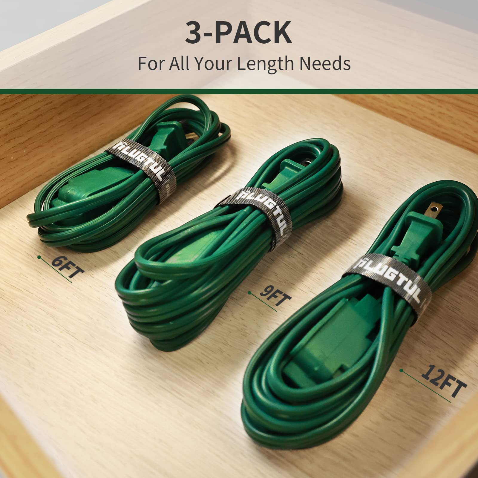 Plugtul 3 Pack Indoor Extension Cord (6/9/12Ft), 2 Prong Green Extension Cord, 3 Polarized Outlets With Safety Cap Protect For H