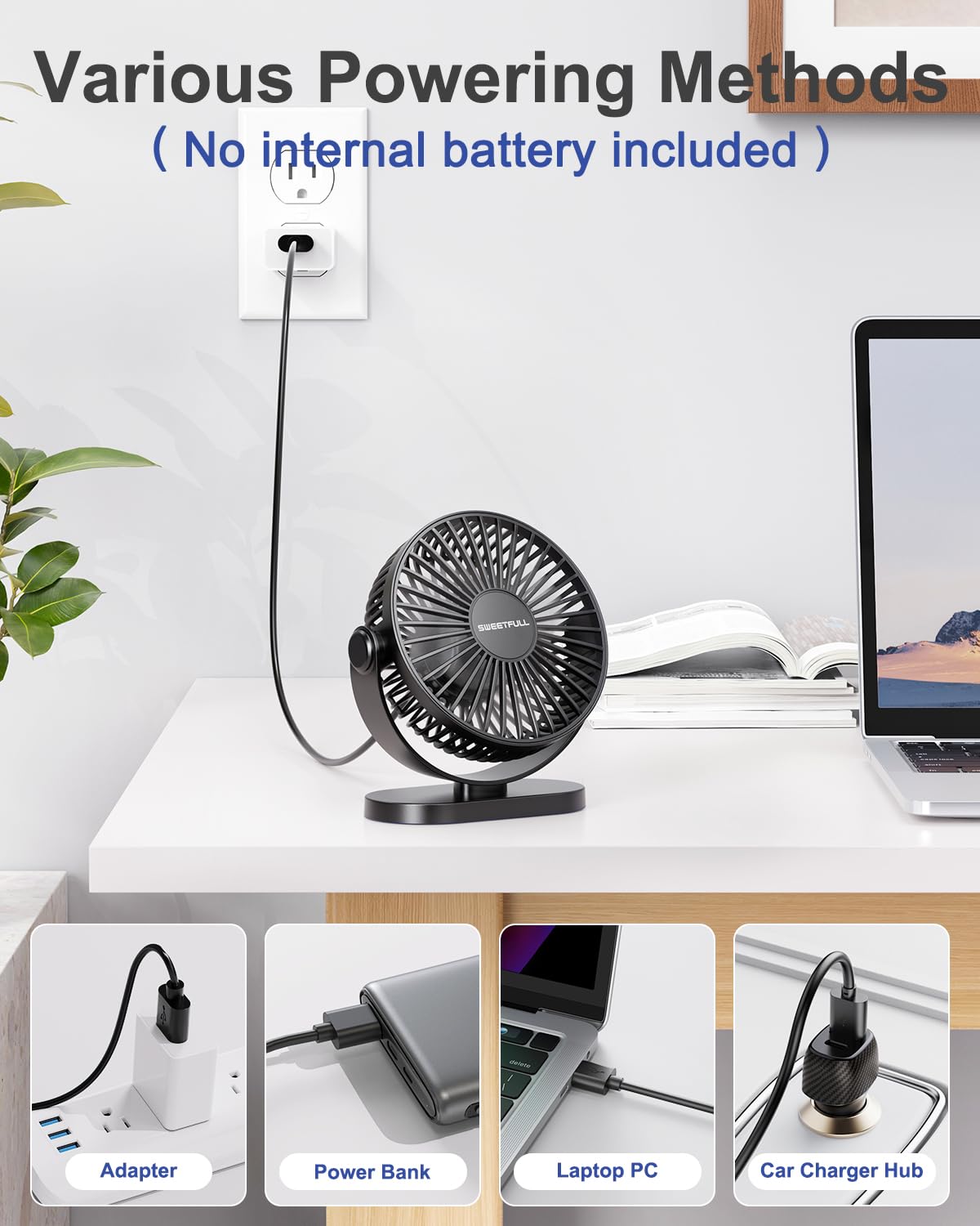 Sweetfull Usb Desk Fan Small Quiet   3 Speeds Mini Personal Portable Fan 360 Rotation Adjustable, 5 Inch Office Table Cooling Ga