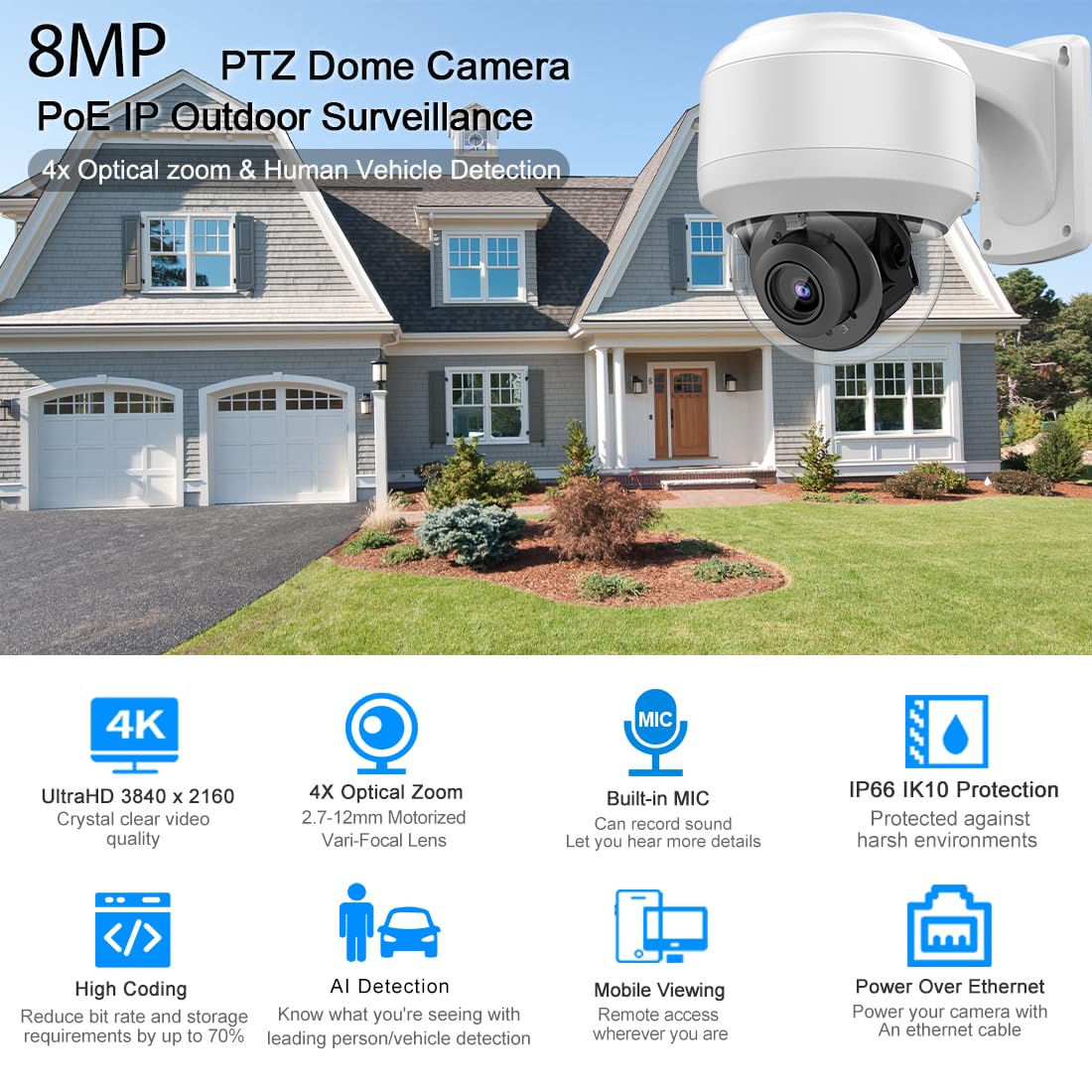 Vikviz 8Mp Outdoor Ptz Ip Camera Dome With Built In Mic,4X Optical Zoom 16X Digital Zoom Pan Tilt With 165Ft Ir Night Vsion,Huma