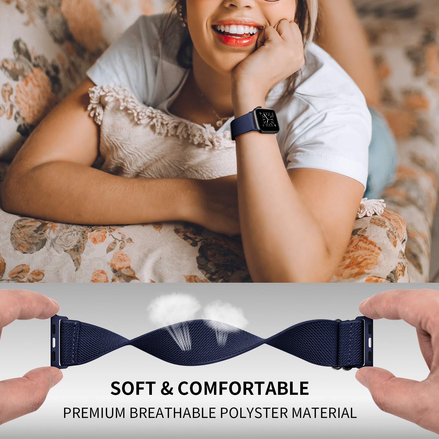 Oxwallen Solo Loop Band Compatible With Apple Watch 9/8/7 41Mm 38Mm 40Mm, Stretchy Nylon Braided Stretch Strap For Iwatch Se Series 9/8/7/6/5/4/3, Women Men, Midnight Blue