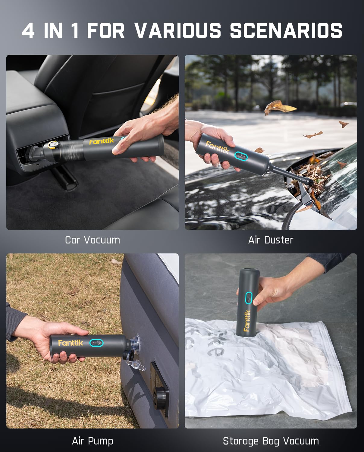 Fanttik Slim V8 Apex Car Vacuum - 4-in-1 Portable Cordless Vacuum, 19000pa Suction, Type-C, Handheld for Car & Office - Gray