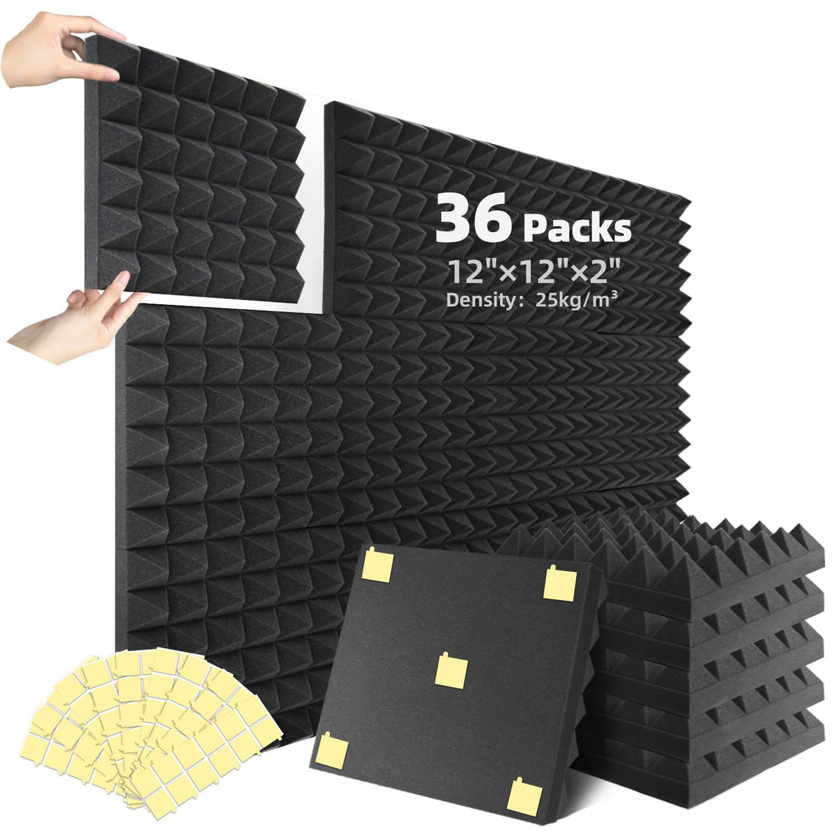 Sonicreative 36 Packs Acoustic Foam Panels Pyramid 2''  12''  12'' High Density Sound Proof Foam Panels For Walls, Noise Cancell