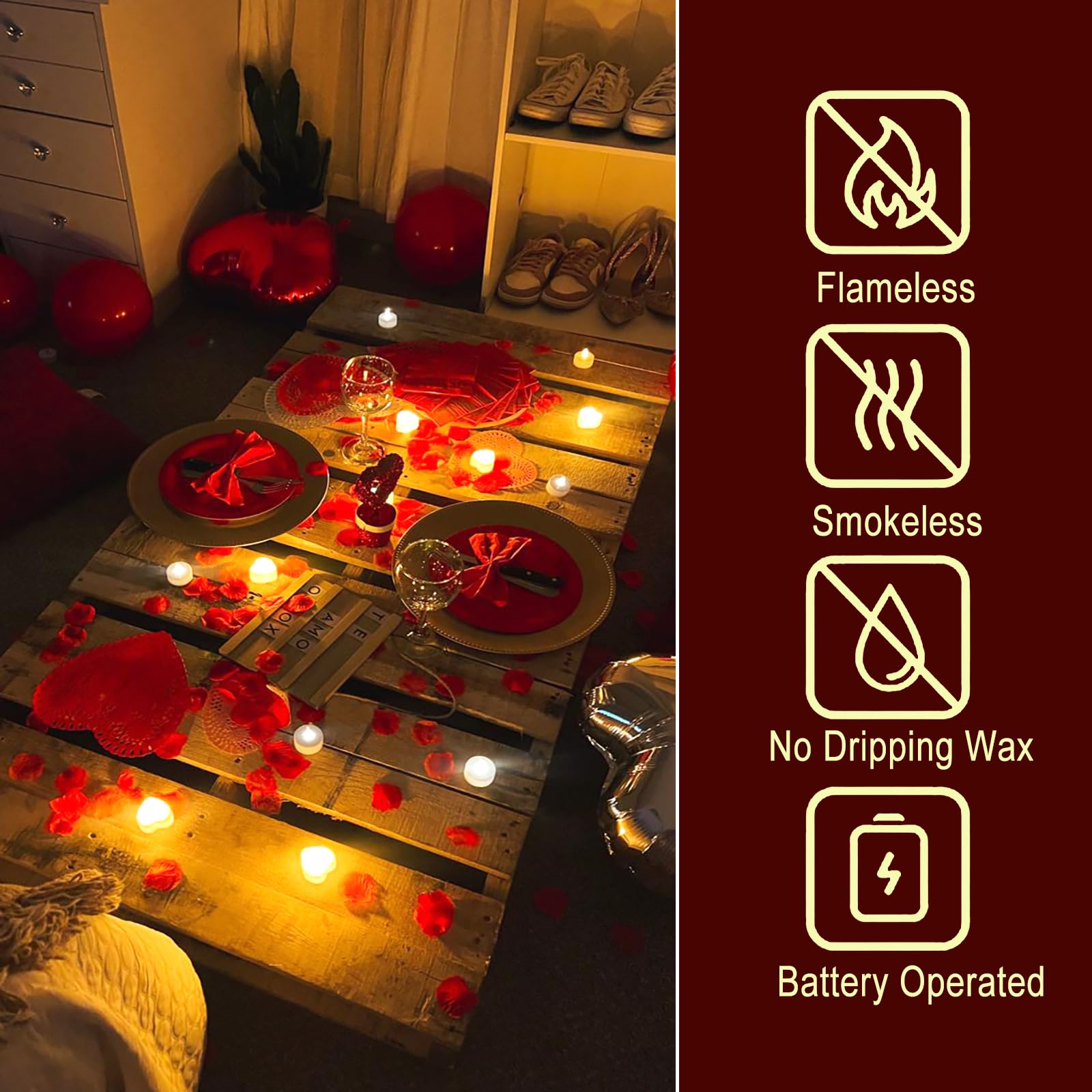 Pyrrhiax 2000 Pieces Artificial Rose Petals And 24 Pieces Led Tea Lights Candles,Romantic Night Decoration Set, Romantic Gifts F