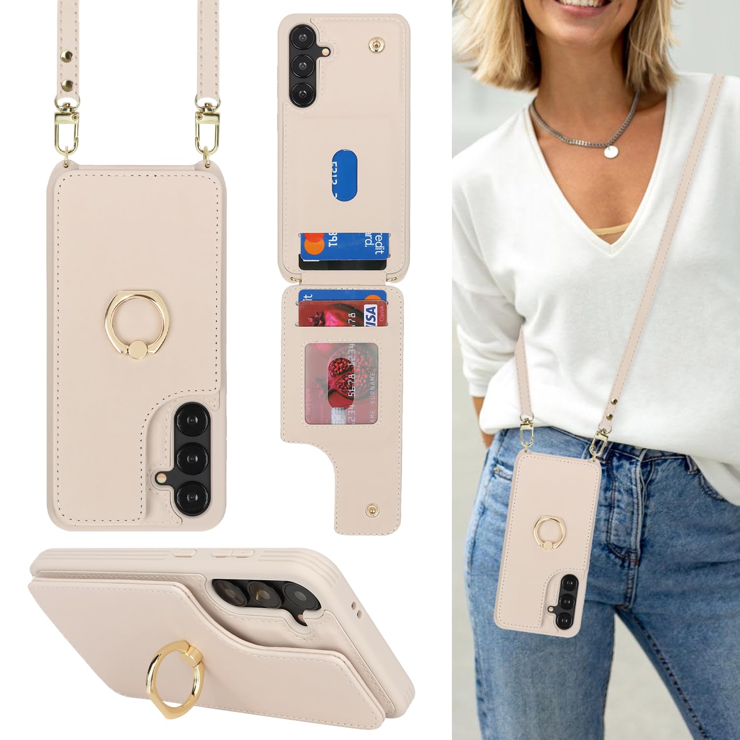 Lipvina for Samsung Galaxy S24 Plus Case with Card Holder and Strap for Women,Crossbody Lanyard,RFID Blocking,Stand Ring Kicksta