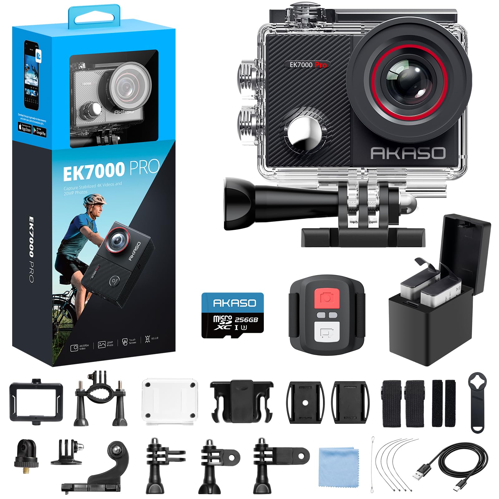 AKASO EK7000 Pro 4K30fps Action Camera with 256GB MicroSDXC U3 Card Accessories Kit Bundle, 20MP Ultra HD 131ft Waterproof Under